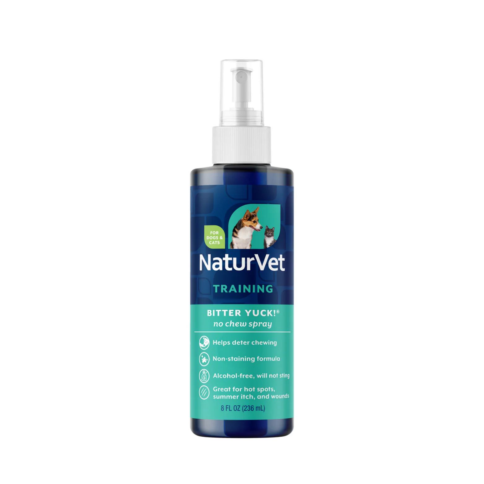 Blue NaturVet “Bitter YUCK! No Chew Spray” bottle with white spray nozzle, labeled for dogs and cats. The label highlights training use, chewing deterrence, non-staining, alcohol-free formula, and suitability for hot spots, itching, and wounds.