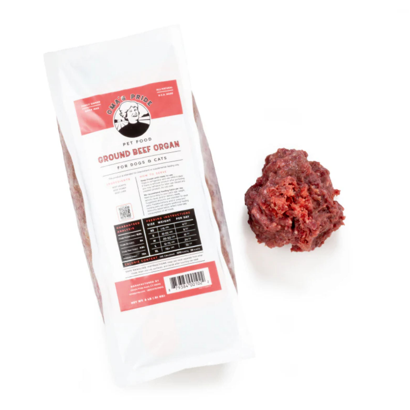 A package of Oma’s Pride Ground Beef Organ raw frozen food for dogs and cats sits on a white background beside a portion of the ground meat mixture.