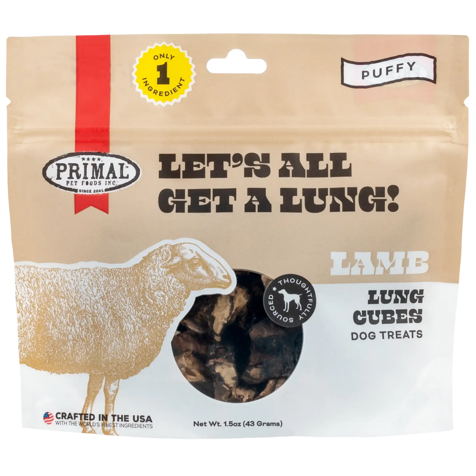 Front of a Primal Pet Foods dog treat package labeled “Let’s All Get A Lung!” featuring lamb lung cubes. The pouch shows a sheep illustration, a clear window revealing the treats inside, and claims including “Only 1 Ingredient,” “Puffy,” and “Crafted in the USA.” Net weight is 1.5 oz (43 g).