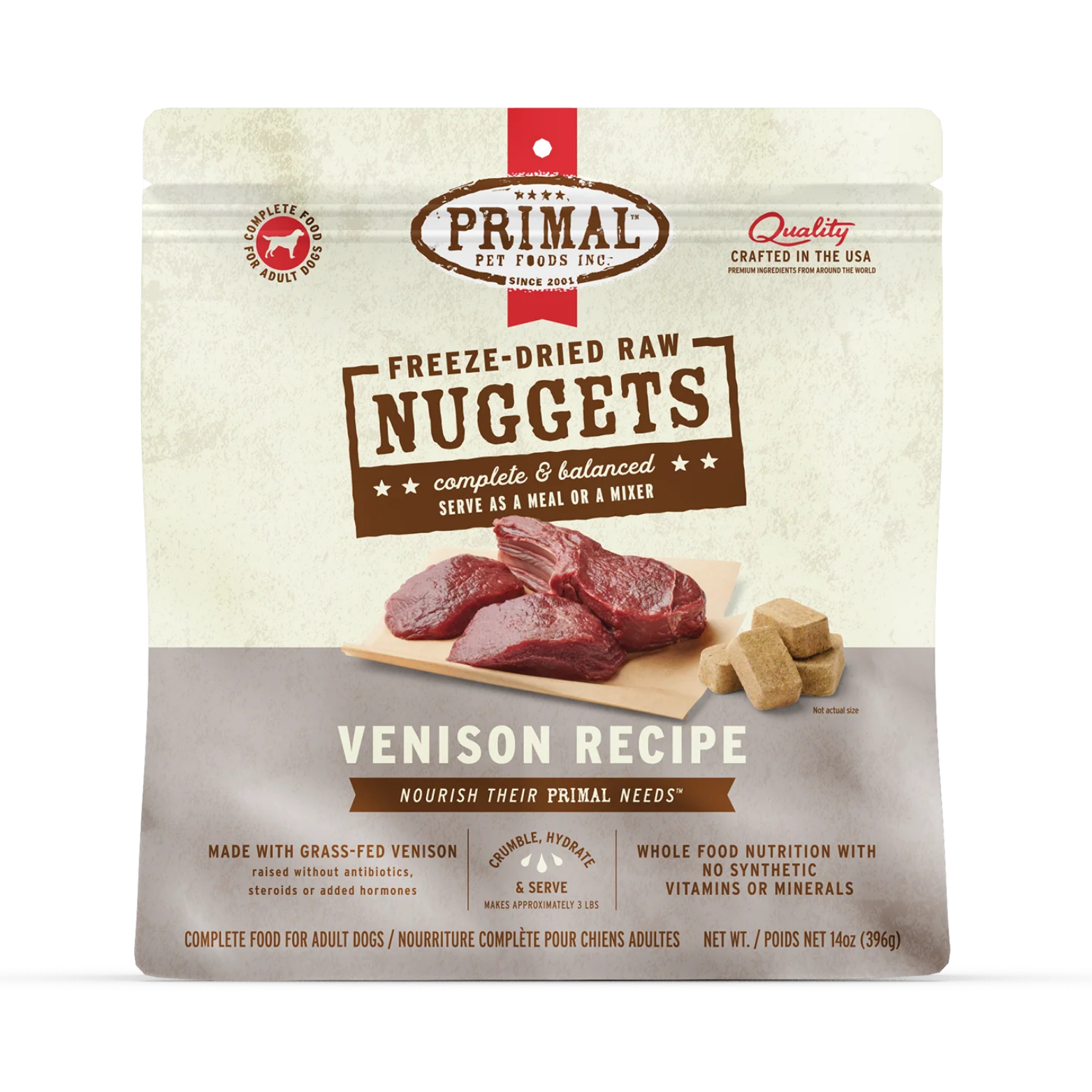 Front of Primal freeze-dried raw nuggets venison recipe dog food bag featuring raw venison meat pieces, nugget shapes, and labels stating complete and balanced nutrition made with grass-fed venison.