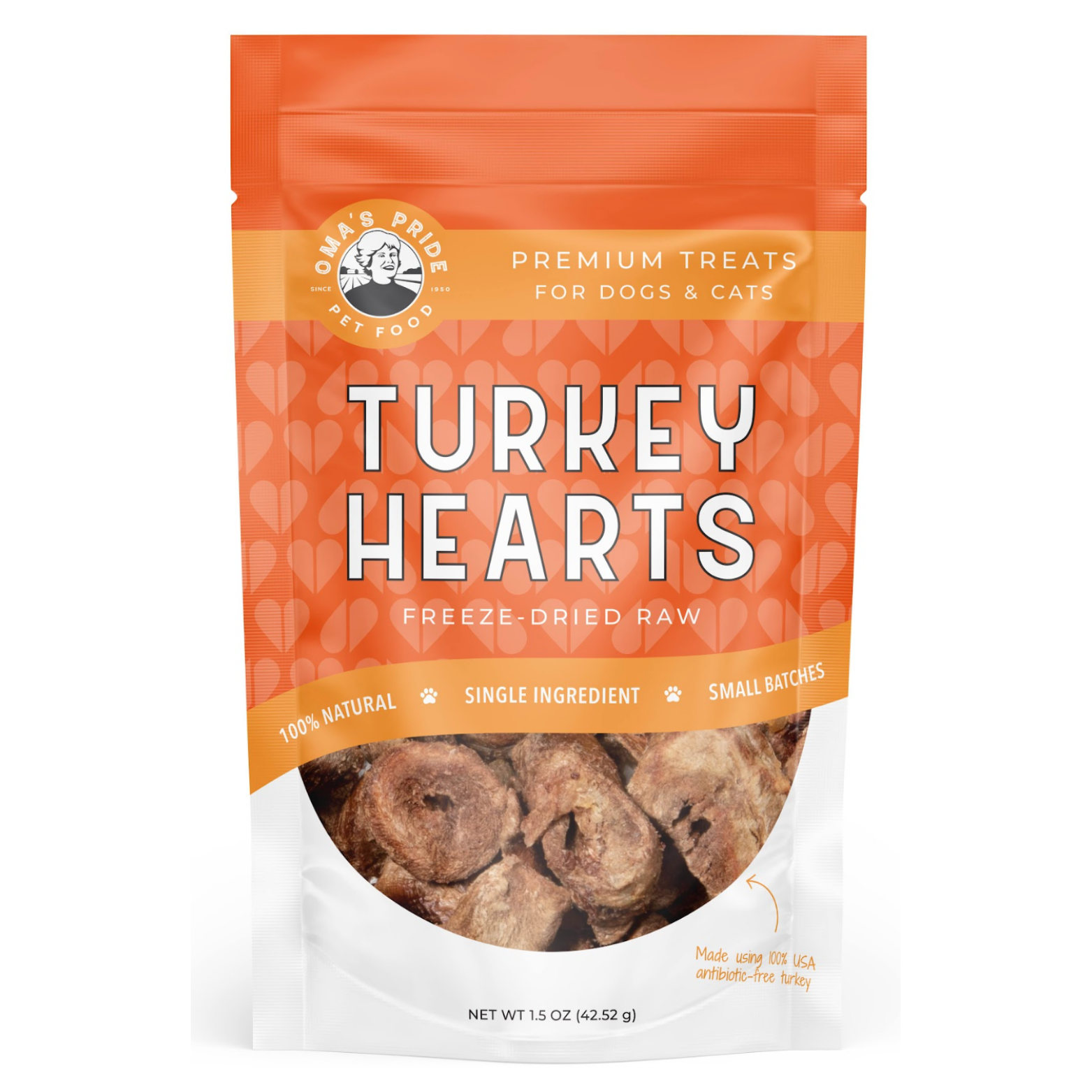 Orange and white resealable pouch labeled “Oma’s Pride Pet Food Turkey Hearts Freeze-Dried Raw,” featuring a clear window showing whole turkey heart treats inside; marked 100% natural, single ingredient, small batches, and net weight 1.5 oz.