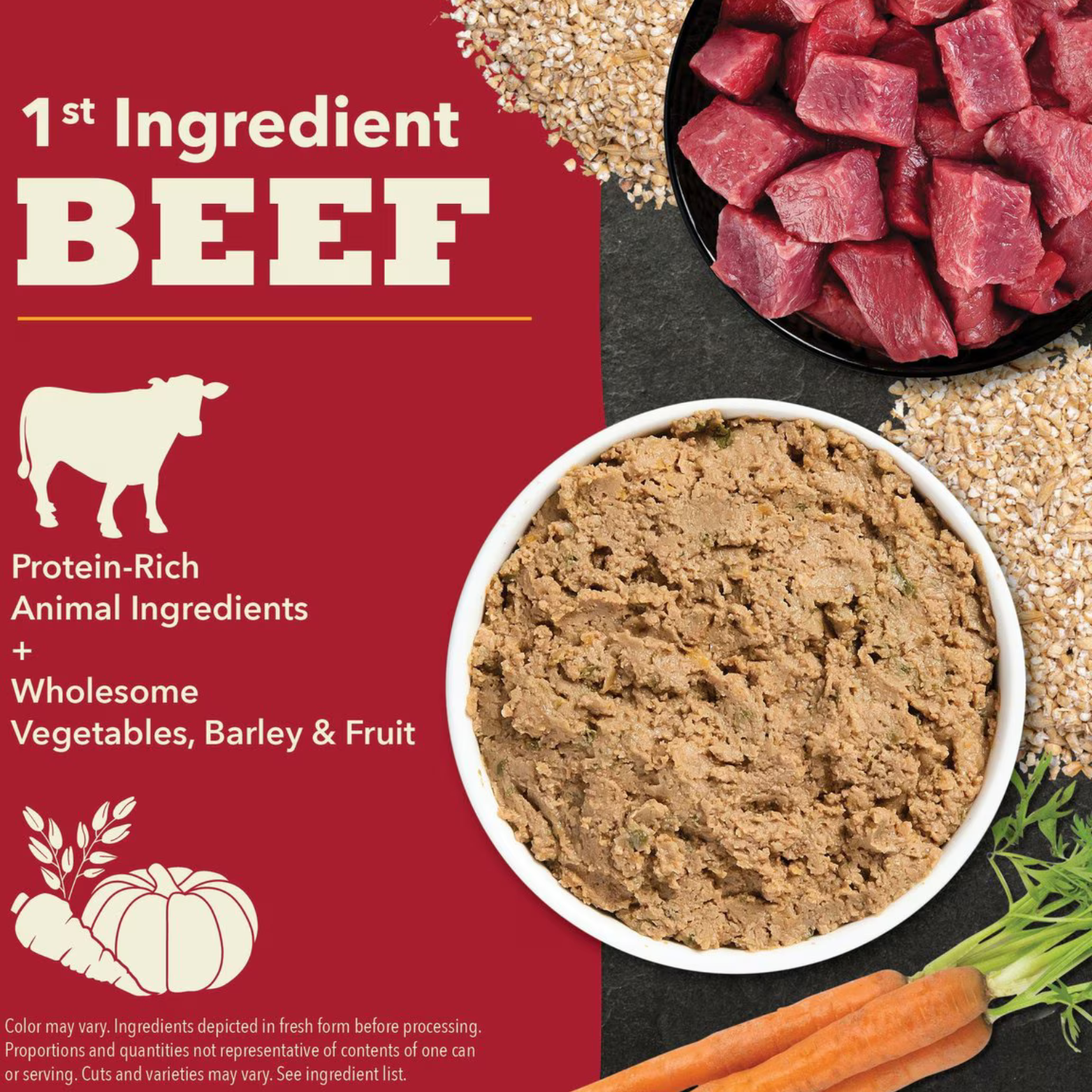 Promotional graphic stating “1st Ingredient: Beef,” with images of raw beef cubes, a bowl of beef pâté dog food, grains, and vegetables on a red background.