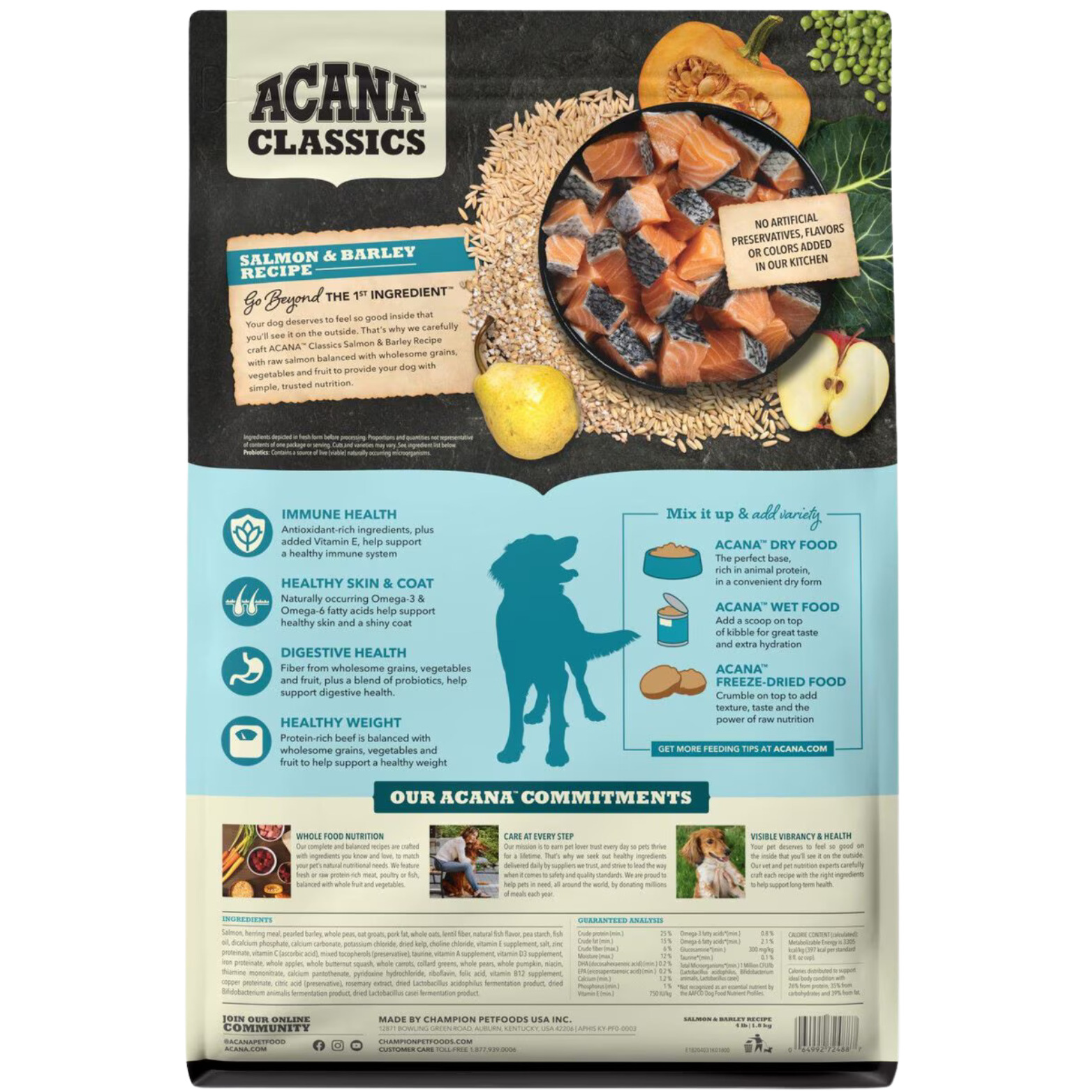 Back of ACANA Classics Salmon & Barley Recipe dry dog food bag showing ingredient imagery, feeding benefits, nutrition icons, and product information.