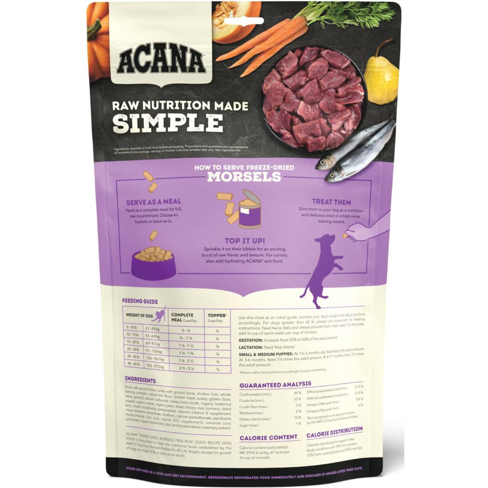Back of Acana Freeze-Dried Morsels Free-Run Duck Recipe dog food bag showing serving instructions, feeding guide chart, ingredients list, and guaranteed analysis with illustrations of how to serve the morsels.