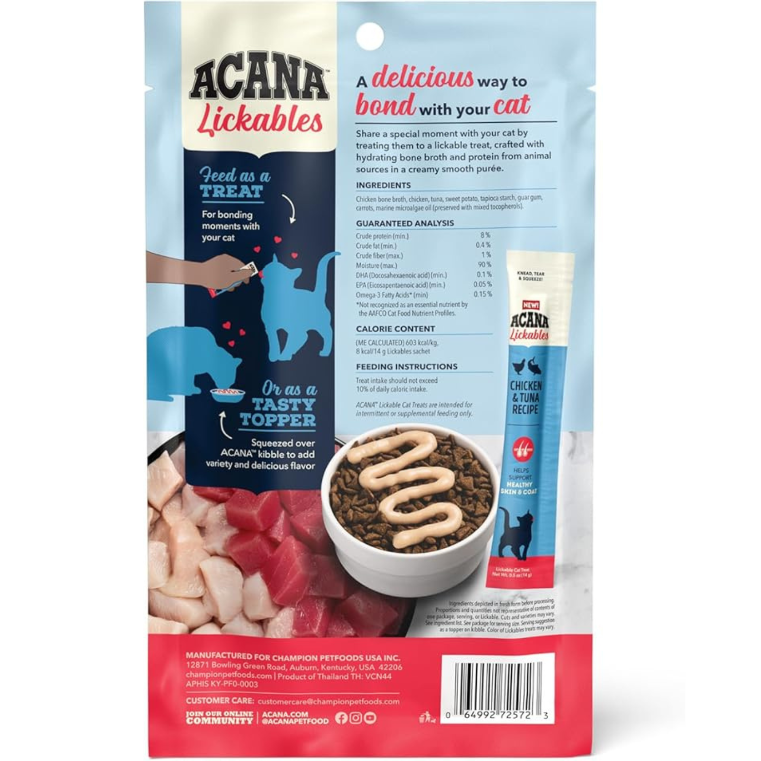 Back of ACANA Lickables Chicken & Tuna Recipe package showing product description, ingredients, guaranteed analysis, feeding instructions, a sachet image, kibble topped with treat, and raw meat imagery.