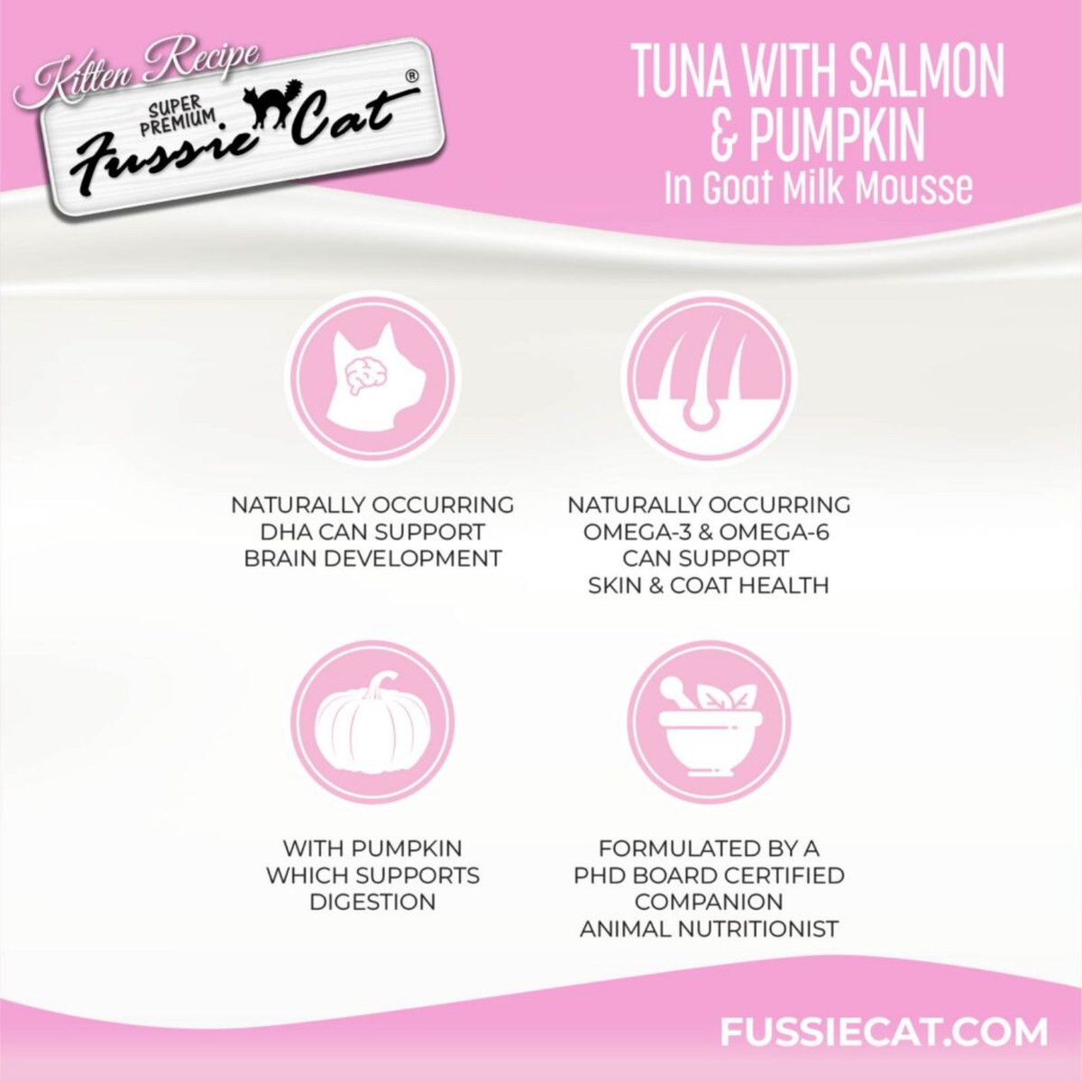 Fussie Cat Kitten Tuna & Salmon with Pumpkin in Goat Milk Mousse, 1.5-oz Pouch