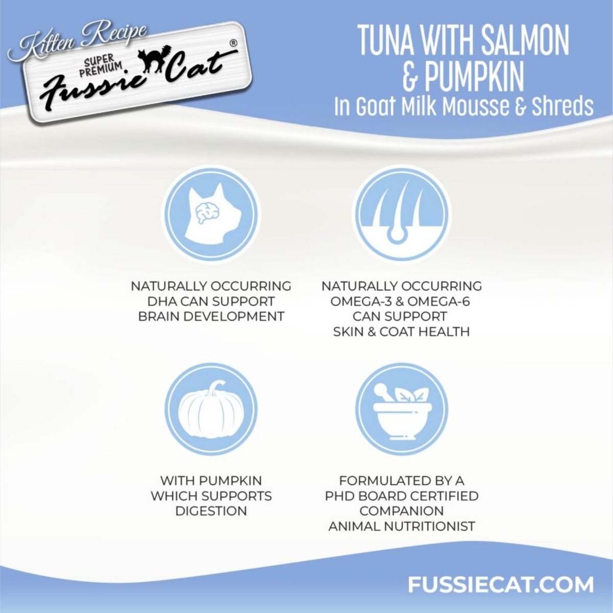 Fussie Cat Kitten Tuna & Salmon with Pumpkin in Goat Milk Mousse & Shreds, 1.5-oz Pouch