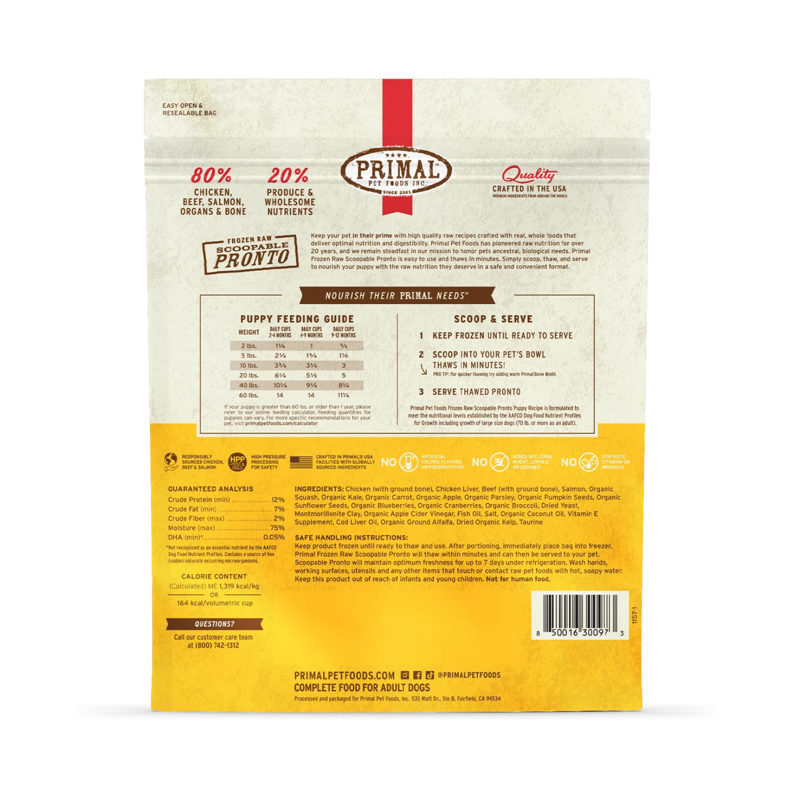 Back of the Primal frozen raw puppy food bag with puppy feeding guide by weight and age, scoop-and-serve instructions, guaranteed analysis, ingredients list, and product claims such as 80% meat, organs, and bone.
