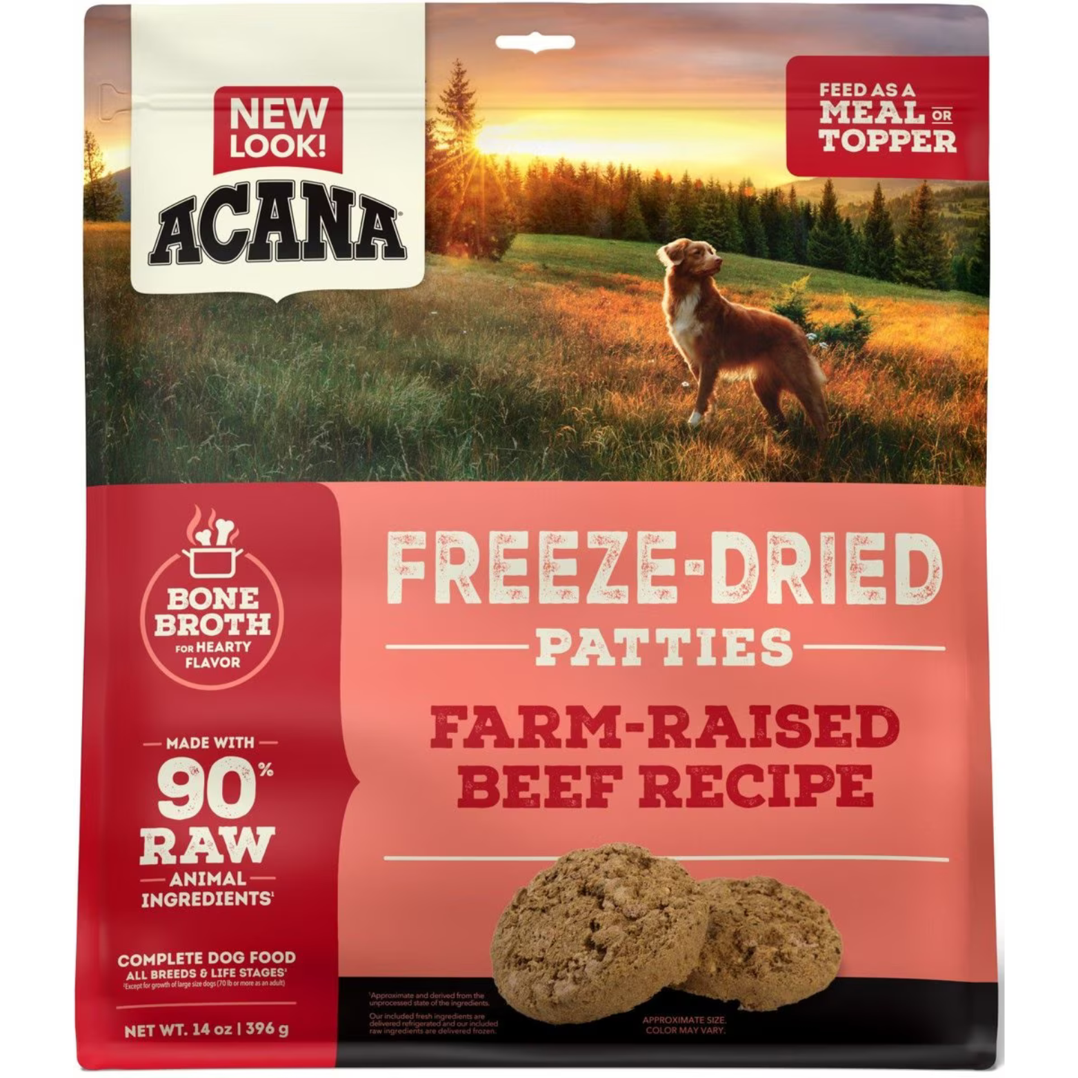 Front of ACANA Freeze-Dried Patties Farm-Raised Beef Recipe bag, featuring a dog standing in a field, bone broth flavor callout, 90% raw animal ingredients, and images of the freeze-dried patties.