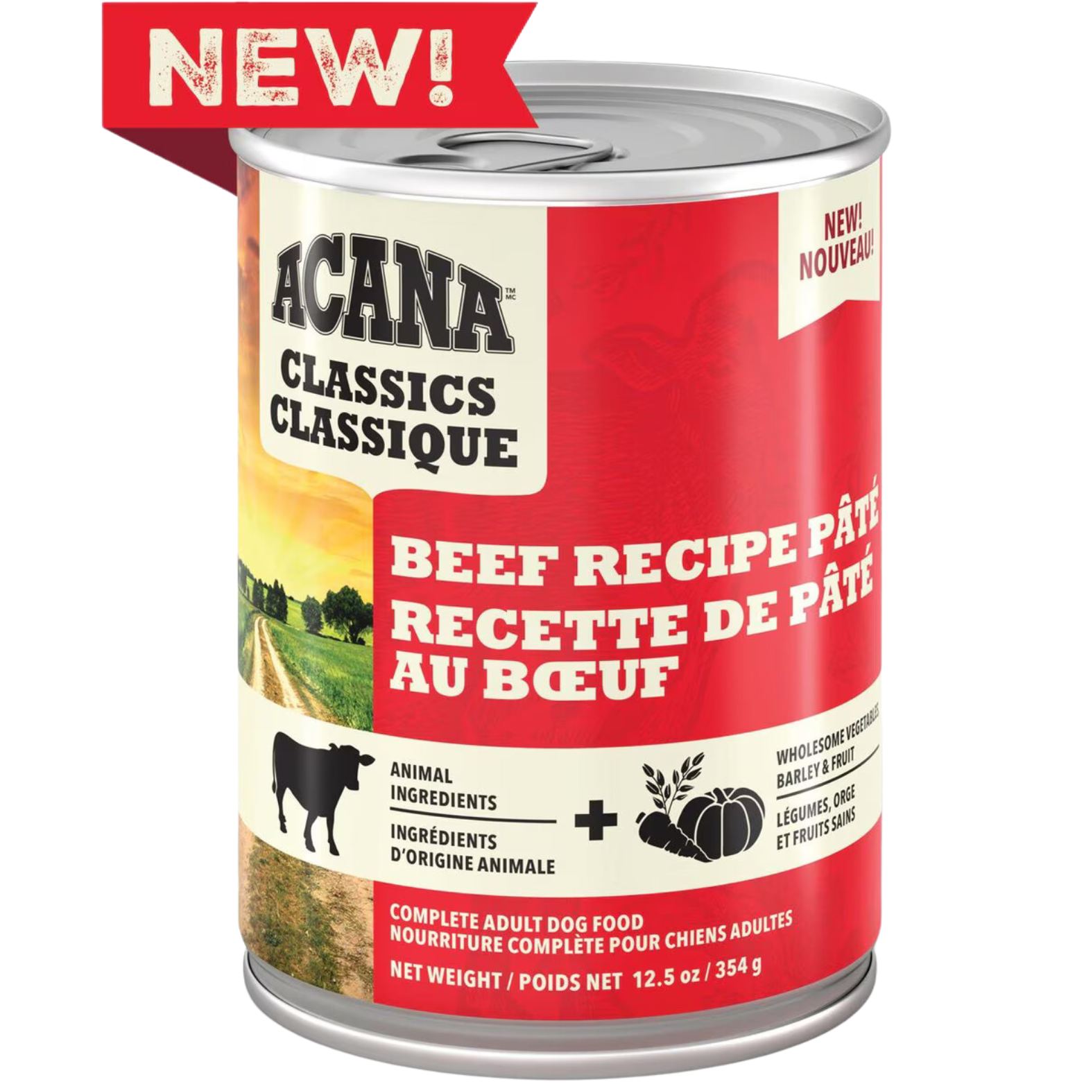 Close-up of an ACANA Classics Beef Recipe Pâté wet dog food can labeled “Complete Adult Dog Food,” featuring red packaging and a “New” banner.