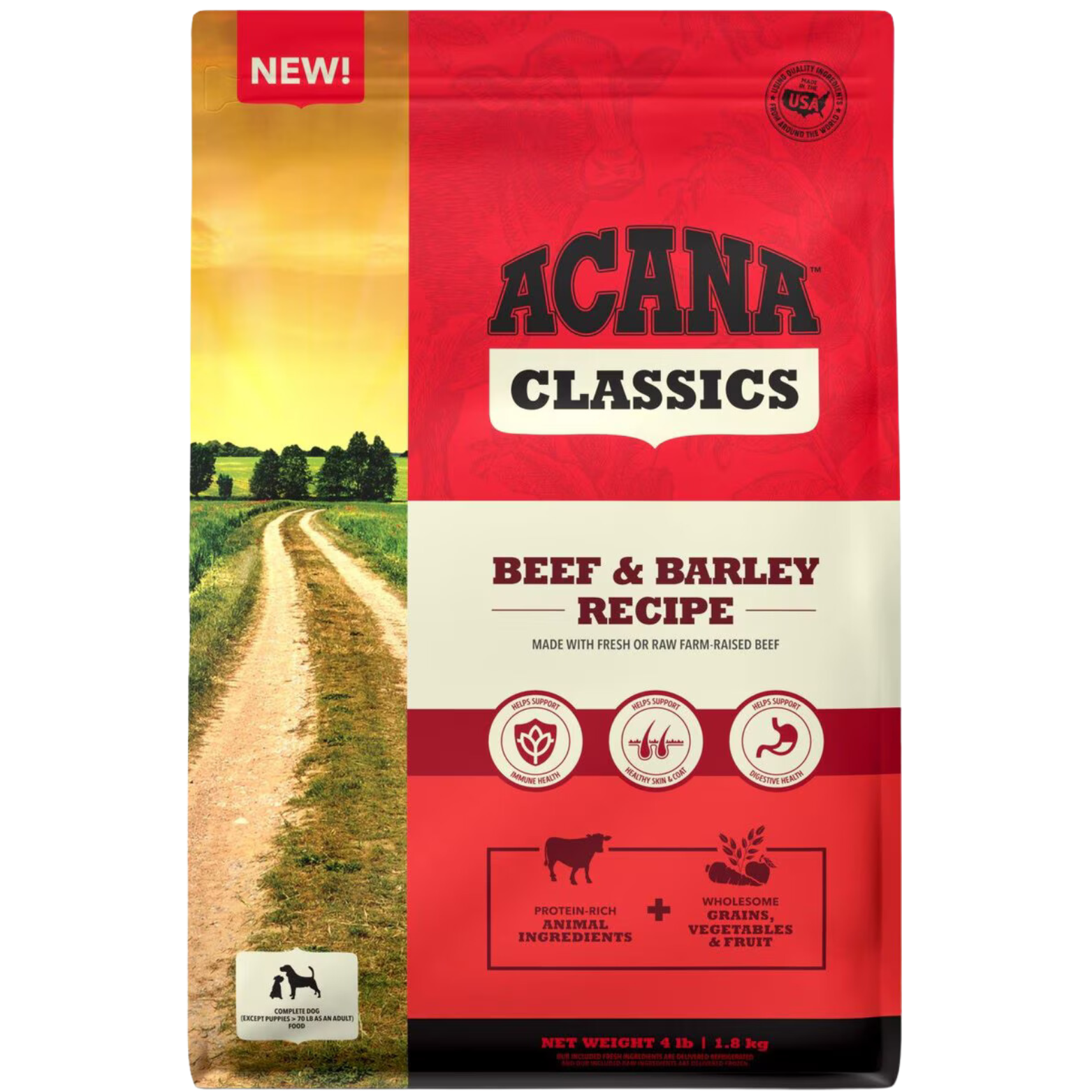 Front of ACANA Classics Beef & Barley Recipe dry dog food bag labeled “Made with Fresh or Raw Farm-Raised Beef,” showing nutrition icons and protein-rich animal ingredients plus wholesome grains.