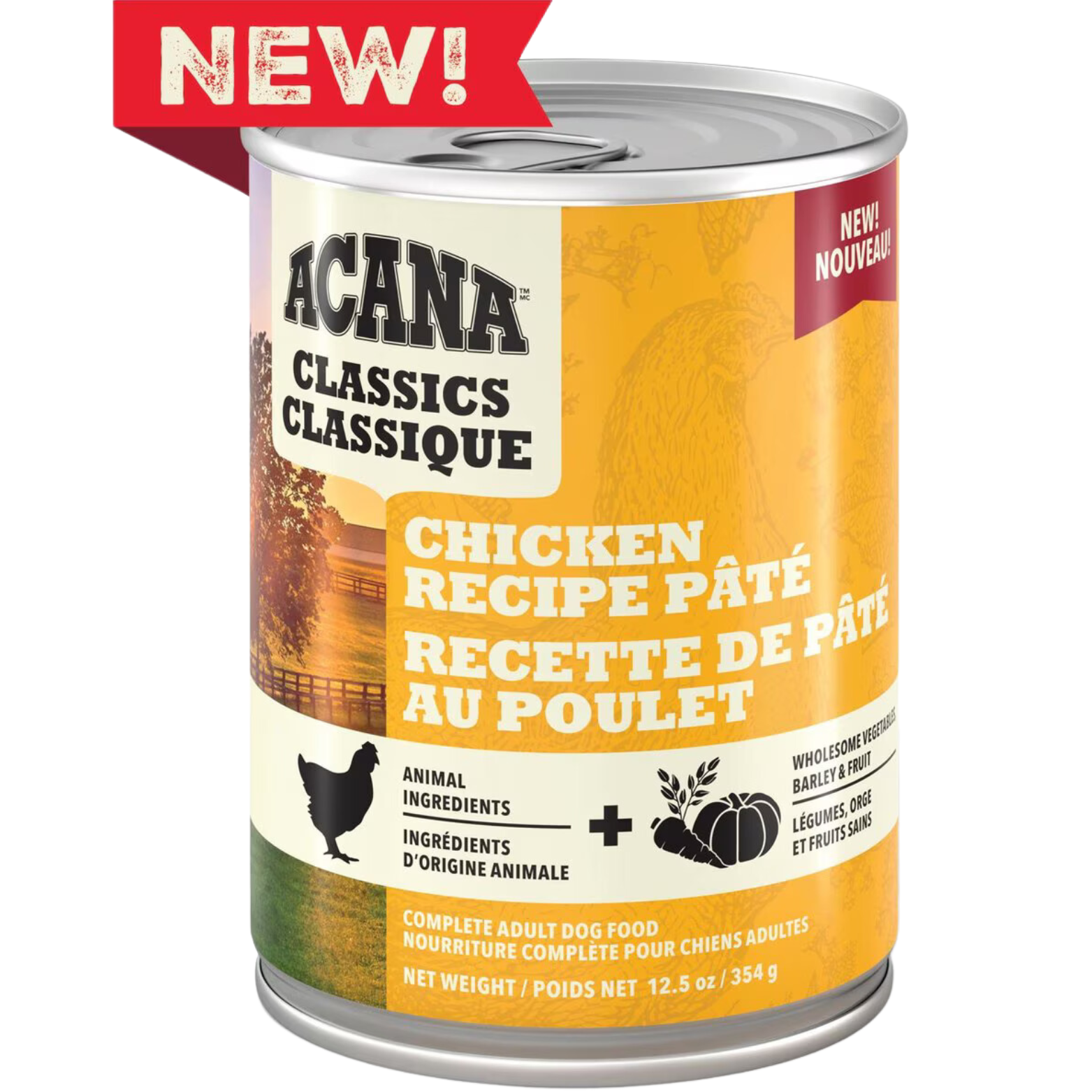 Close-up of an ACANA Classics Chicken Recipe Pâté wet dog food can labeled “Complete Adult Dog Food,” featuring yellow packaging and a “New” banner.