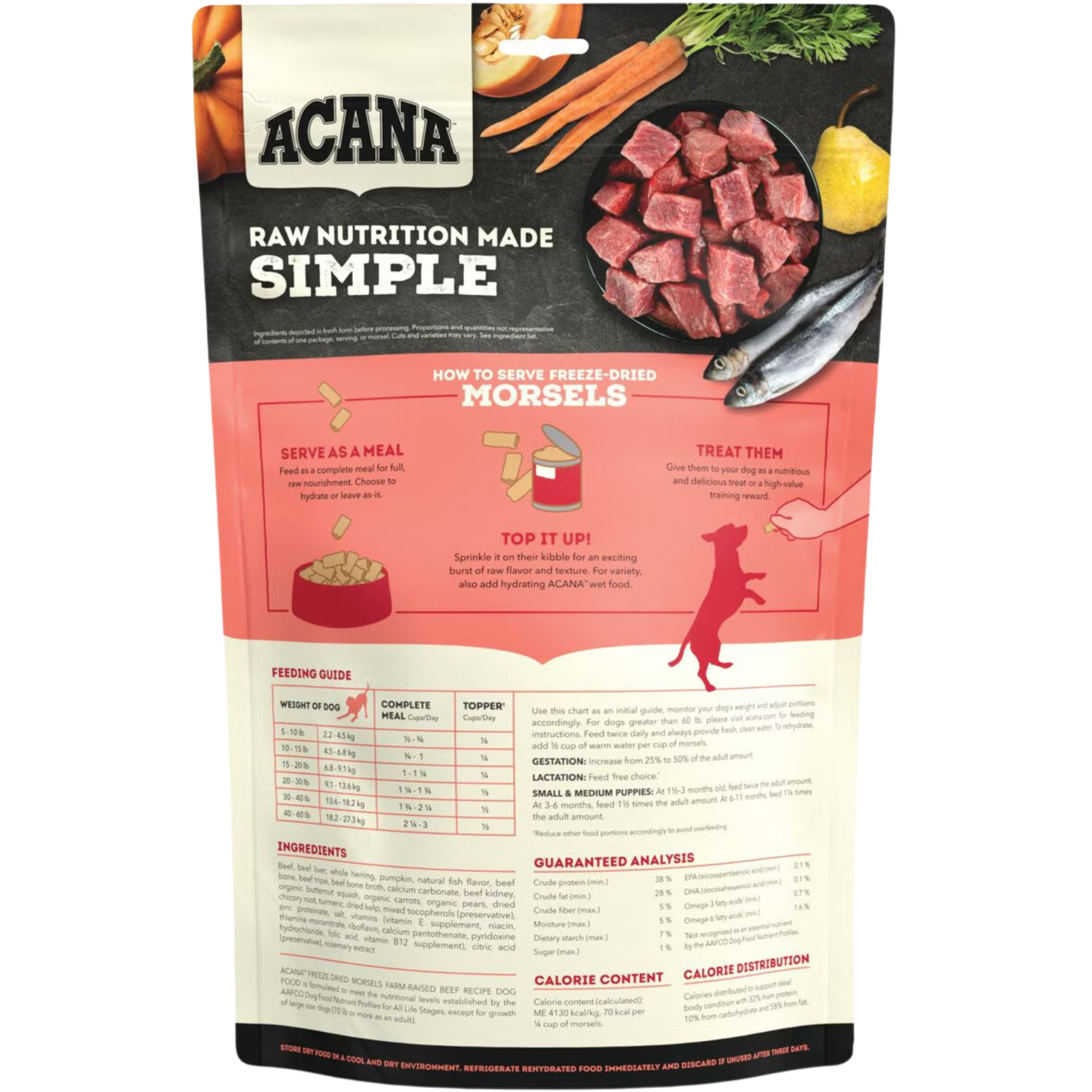 Back of ACANA Freeze-Dried Morsels Farm-Raised Beef Recipe bag showing serving instructions, feeding guide, ingredients, and guaranteed analysis, with graphics of beef chunks, fish, vegetables, and a dog silhouette.