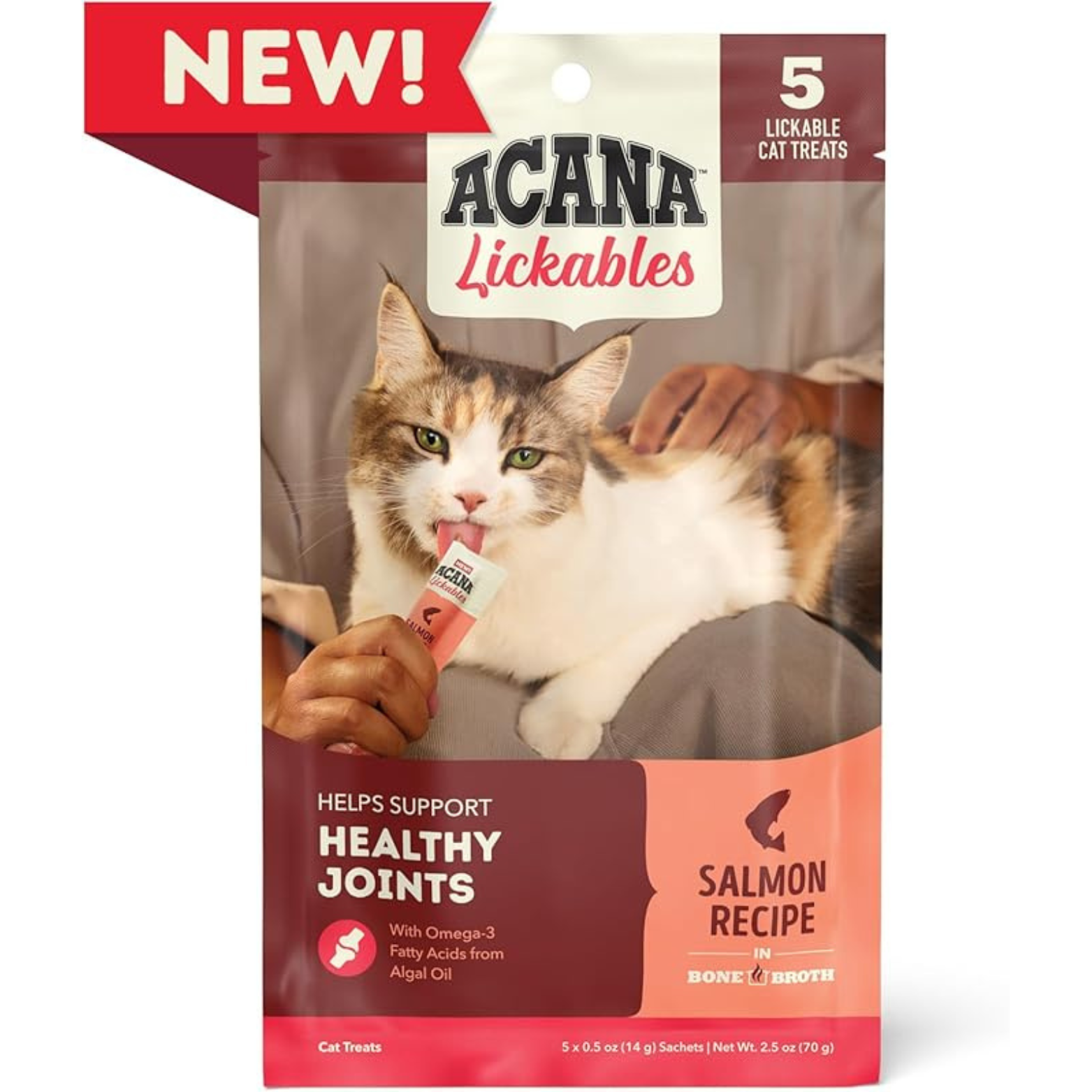 Front of ACANA Lickables Healthy Joints Salmon Recipe cat treats package, showing a cat licking a salmon treat, “NEW” label, “5 lickable cat treats,” and icons indicating joint health support with omega-3 fatty acids.