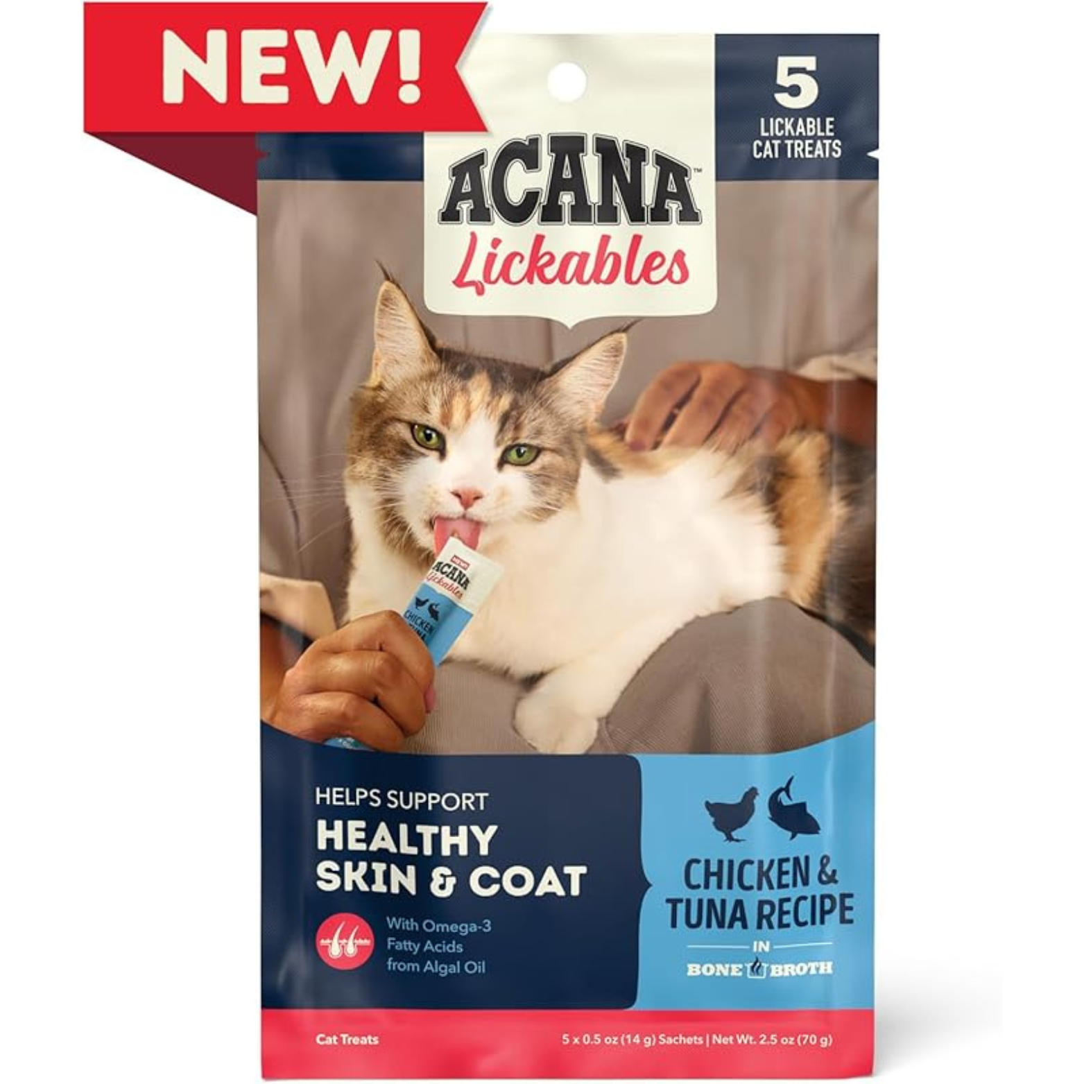 Front of ACANA Lickables Skin & Coat Chicken & Tuna Recipe cat treats package labeled “New,” showing a cat being hand-fed a lickable treat, highlighting support for healthy skin and coat with omega-3 fatty acids, and noting five lickable cat treats.