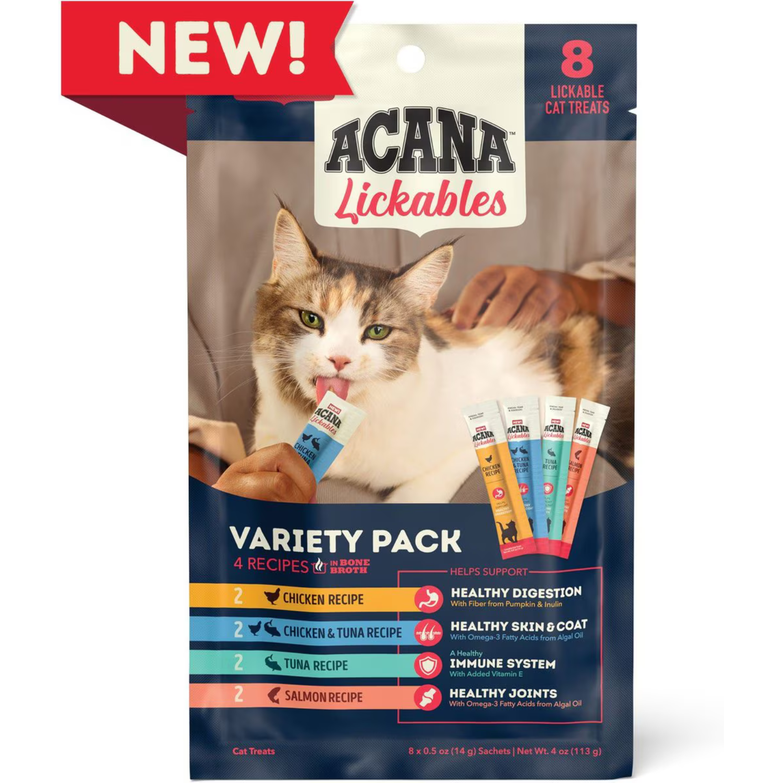 Front of ACANA Lickables Variety Pack showing a cat eating a lickable treat, “NEW” label, and contents listing four recipes in bone broth: chicken, chicken & tuna, tuna, and salmon, with icons highlighting digestion, skin and coat, immune system, and joint support.