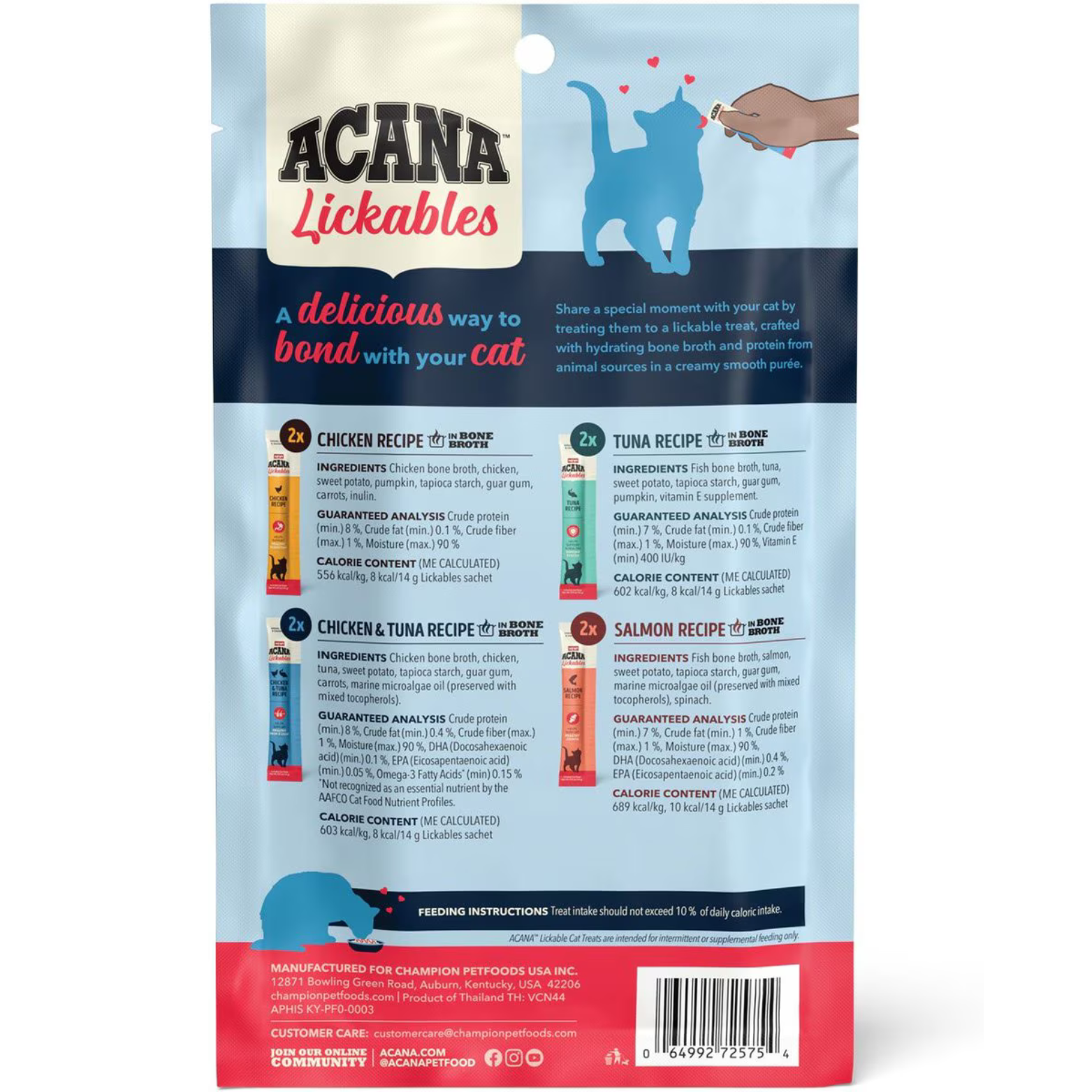 Back of ACANA Lickables cat treats package showing product description, ingredient lists, guaranteed analysis for chicken, tuna, chicken & tuna, and salmon recipes, feeding instructions, manufacturer information, and barcode.