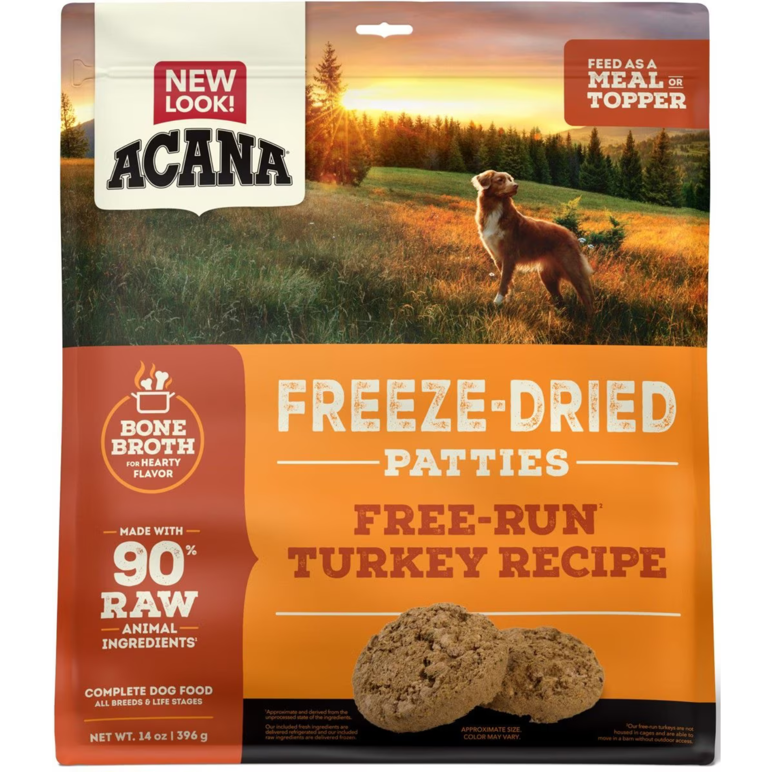Front packaging of Acana Freeze-Dried Patties Free-Run Turkey Recipe showing the “New Look,” bone broth icon, 90% raw animal ingredients claim, and two patties at the bottom.