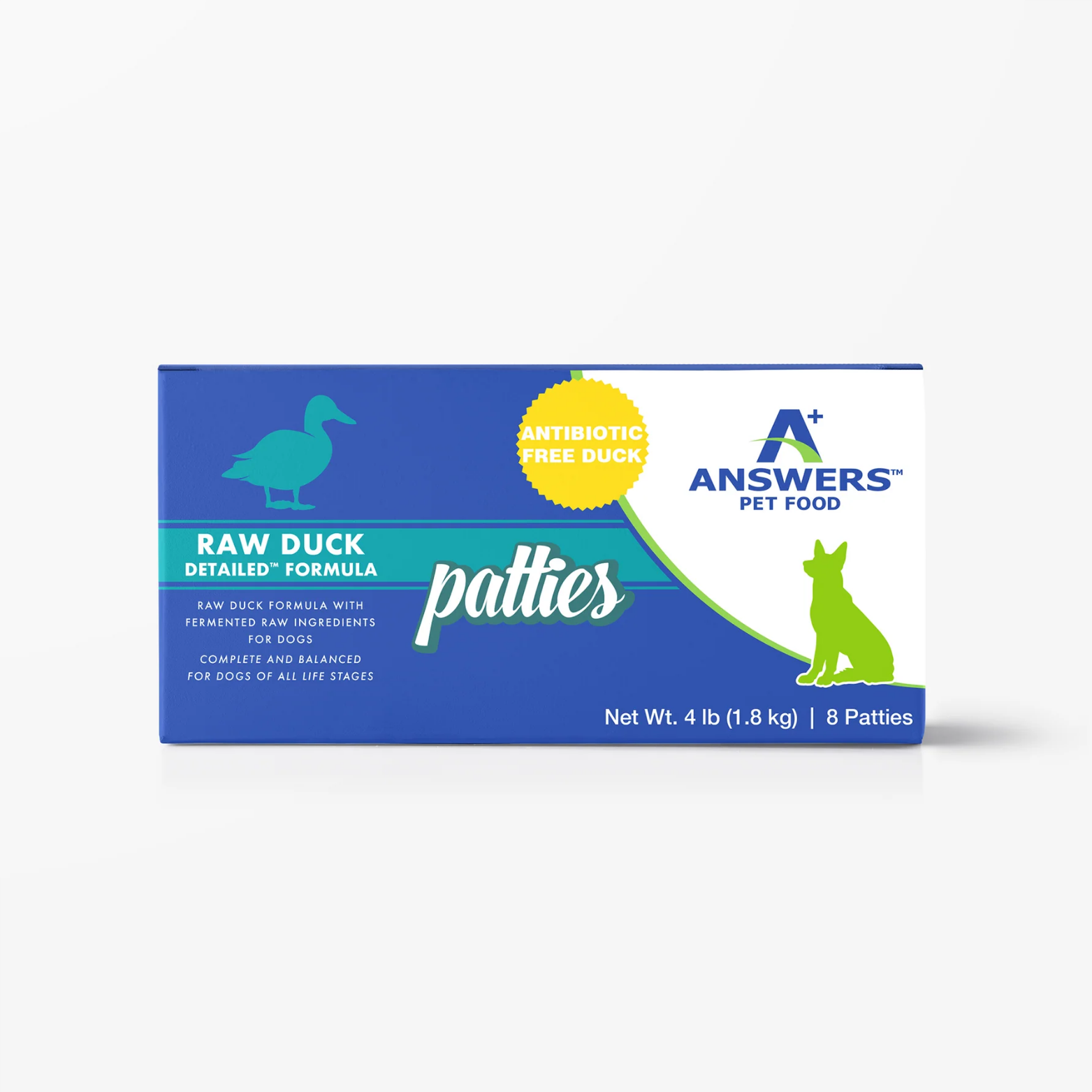 Front view of a blue rectangular box of Answers Pet Food raw duck detailed formula patties for dogs. The packaging highlights antibiotic-free duck, fermented raw ingredients, and complete, balanced nutrition for all life stages, and indicates a net weight of 4 pounds with eight patties inside.
