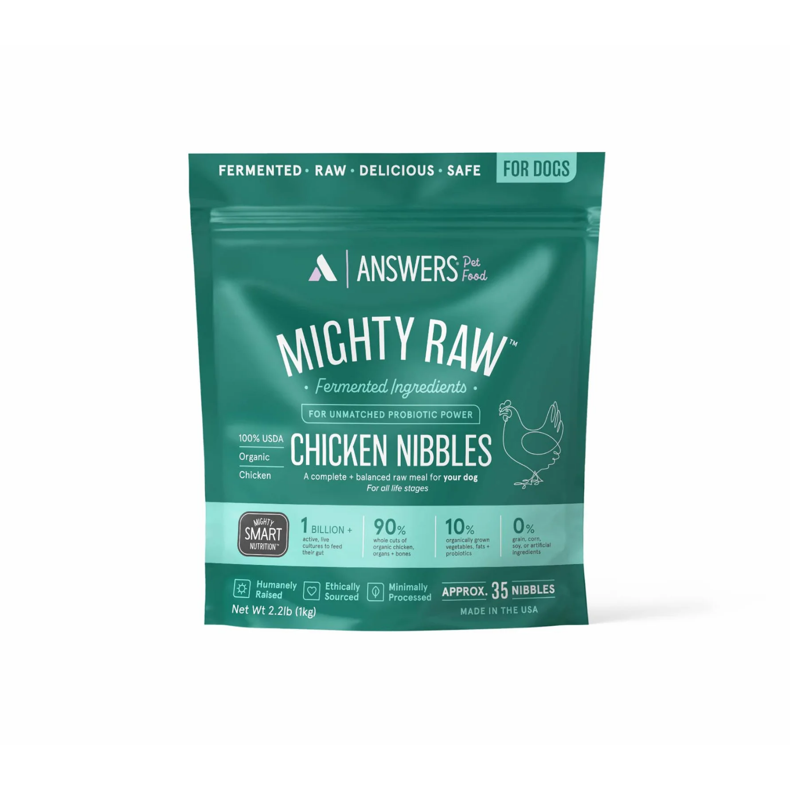 ront view of a teal bag of Answers Pet Food Mighty Raw fermented chicken nibbles for dogs. The packaging highlights organic chicken, probiotic fermentation, minimal processing, and U.S. production, and indicates approximately 35 nibbles with a net weight of 2.2 pounds.