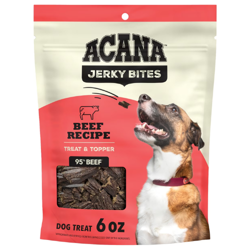 Acana Jerky Bites Beef Recipe dog treat and topper in a 6 oz resealable pouch, featuring a brown and white dog on the front alongside a clear window showing the jerky pieces inside.