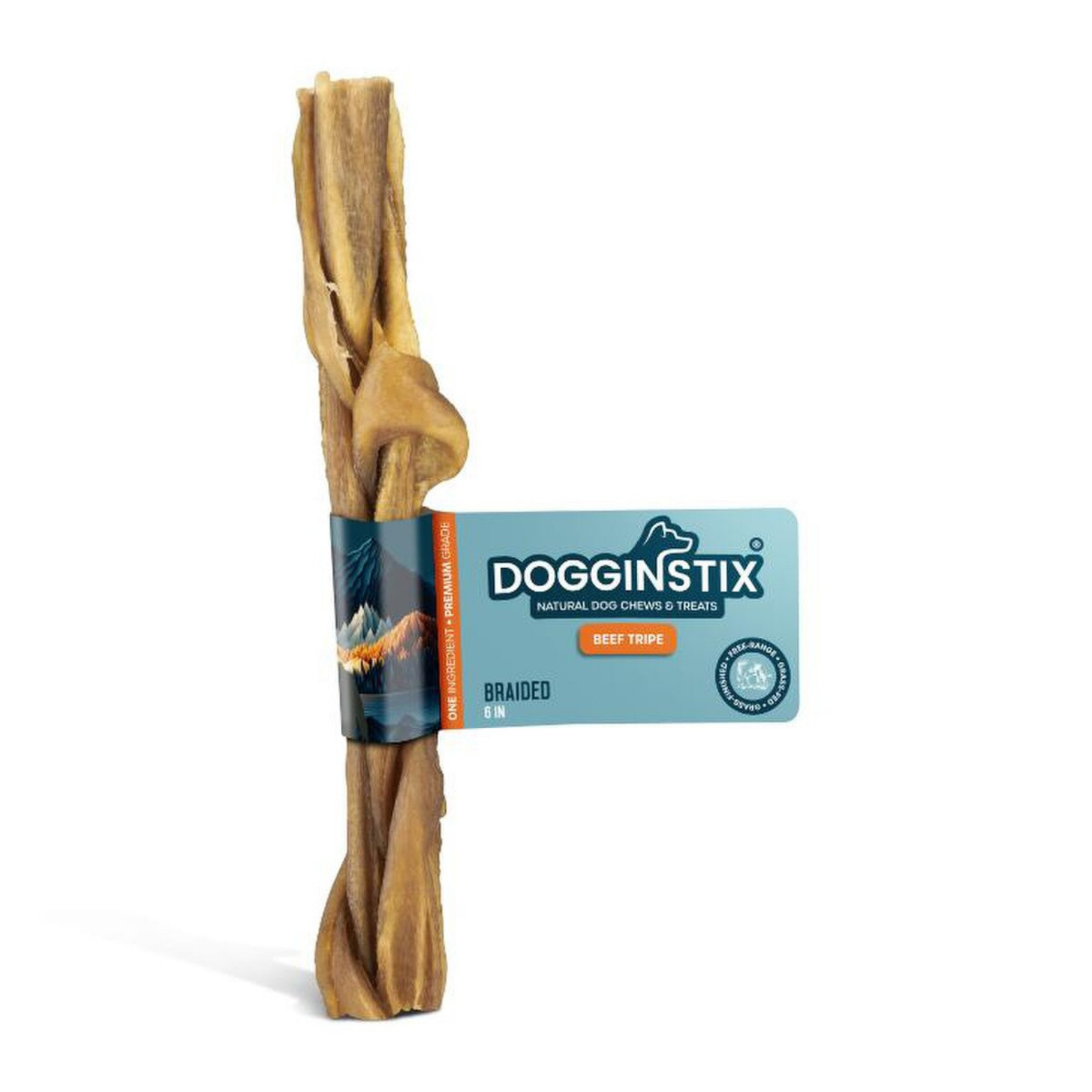 Dogginstix braided beef tripe dog chew in branded packaging, shown vertically on a white background. The chew is tightly braided with visible texture and labeled as a 6-inch size.