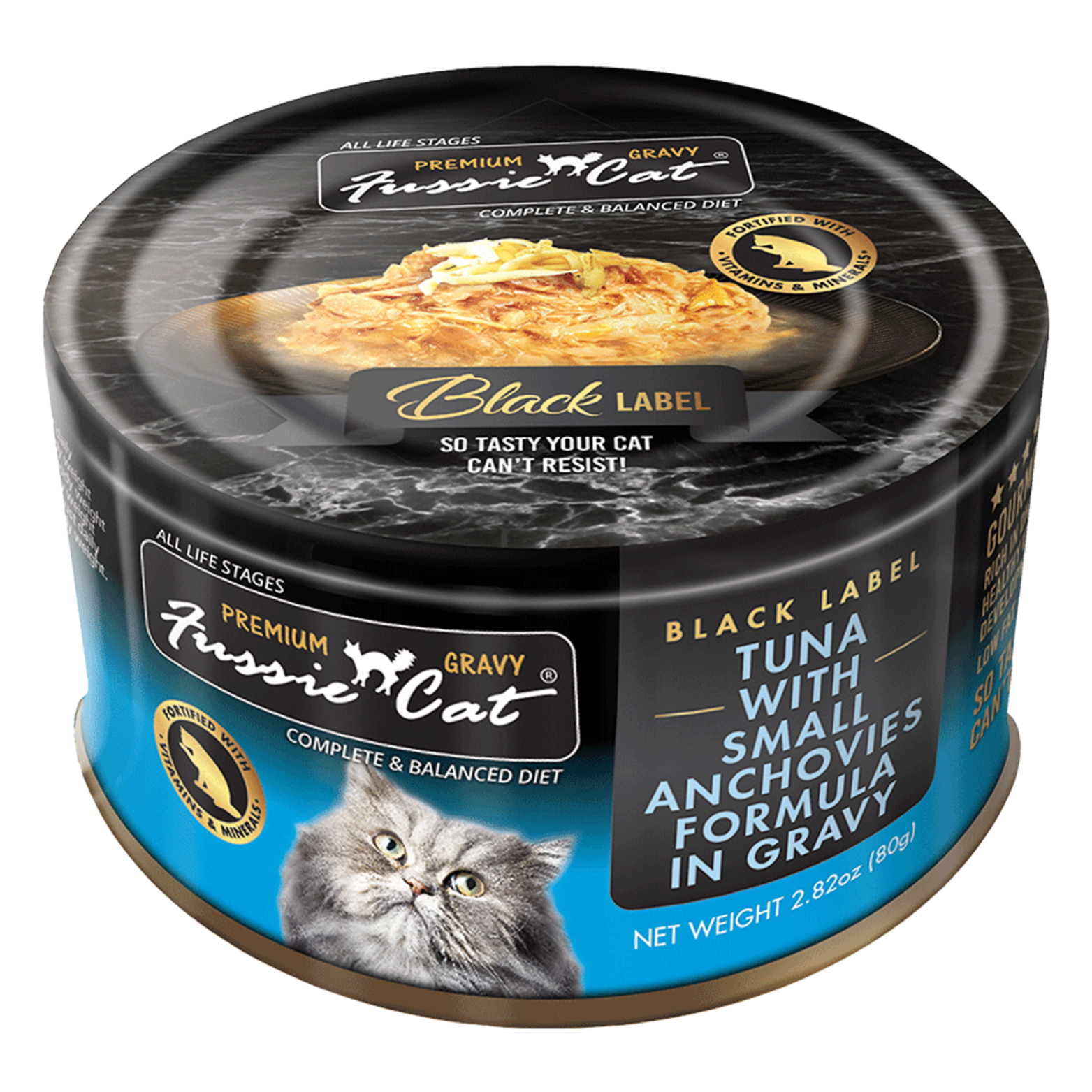 Fussie Cat Black Label Tuna with Small Anchovies Formula in Gravy Canned Cat Food, 2.82-oz