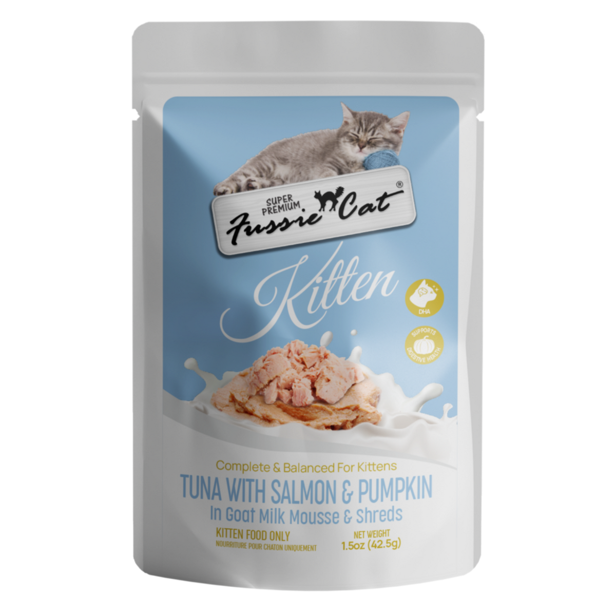 Fussie Cat Kitten Tuna & Salmon with Pumpkin in Goat Milk Mousse & Shreds, 1.5-oz Pouch