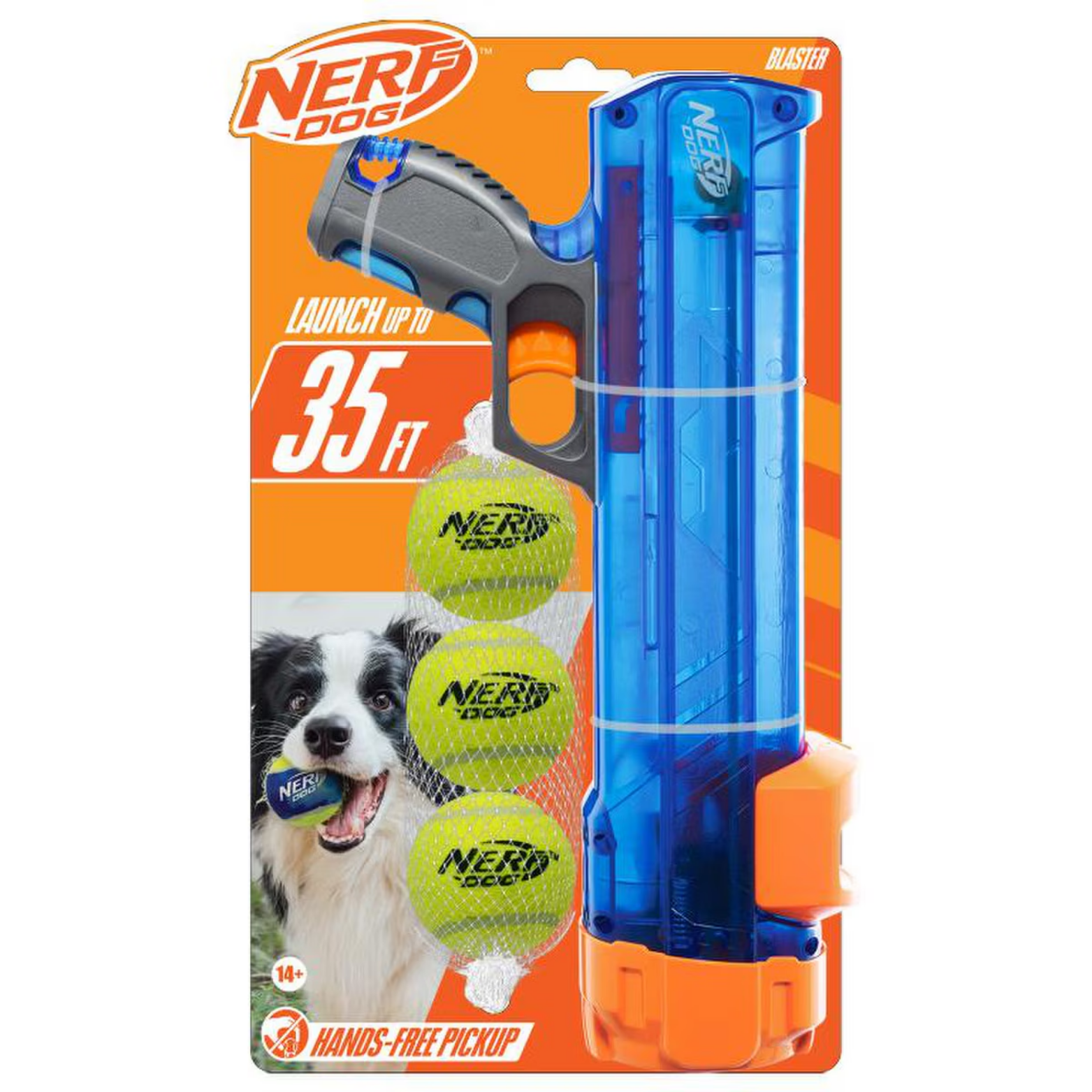 NerfDog Gift Set Translucent Blaster Blue/Orange/Gray 12" & 3 Tennis Balls Green 2"