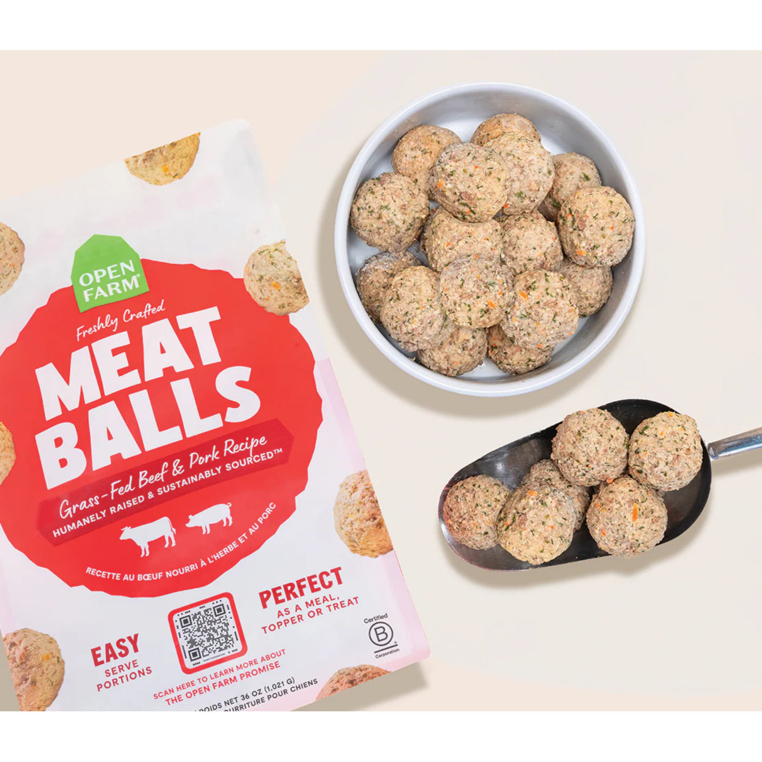 Open Farm meatballs packaging with a bowl and spoonful of meatballs on a light background