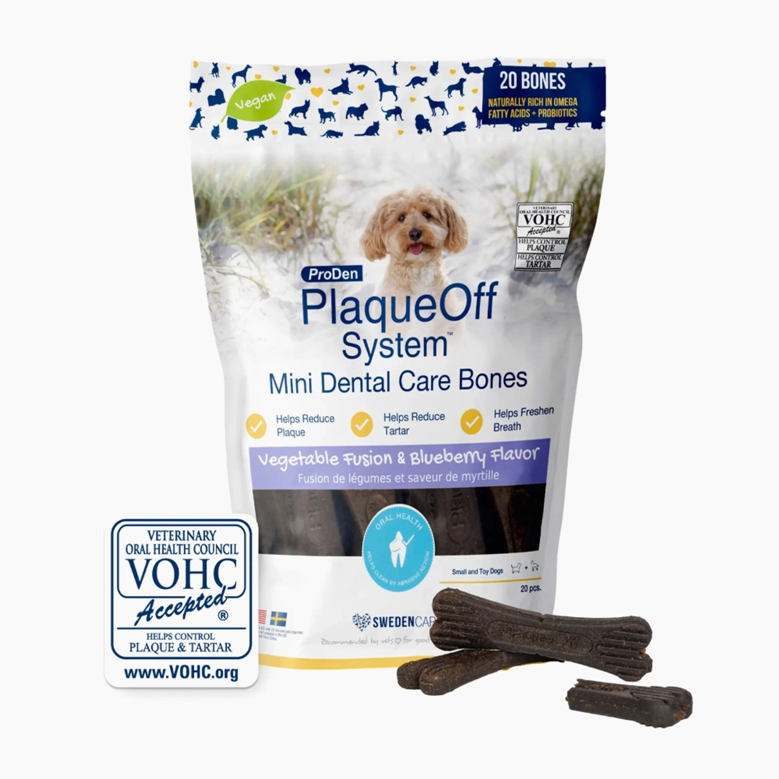Proden PlaqueOff Mini Dental Care Bones Vegetable Fusion & Blueberry, 12oz