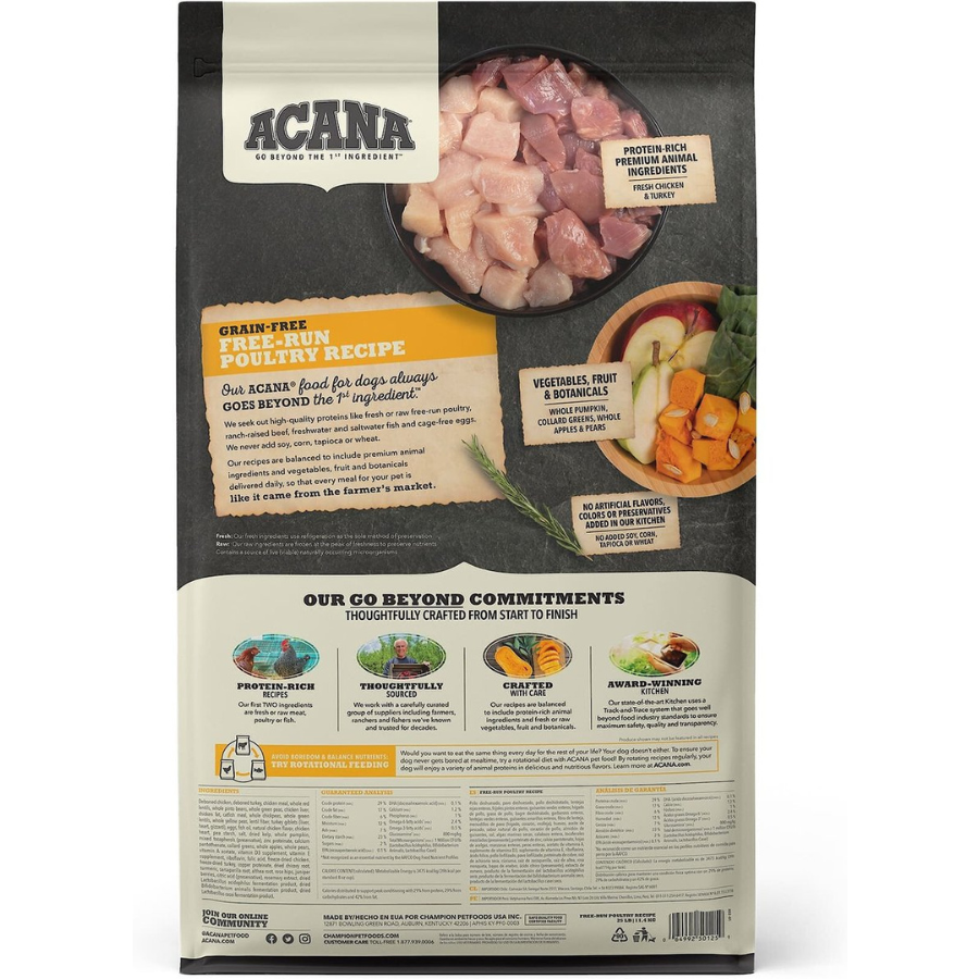 Back of an ACANA Free-Run Poultry Grain-Free dog food bag showing product description, raw poultry imagery, vegetables and fruit bowl, brand commitments, ingredient list, guaranteed analysis, and feeding information.