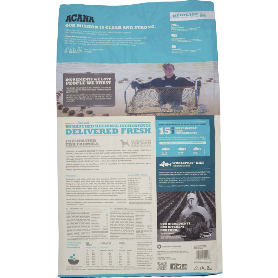 Back of an ACANA Freshwater Fish Recipe dog food bag showing brand mission text, ingredient sourcing photos, sustainability claims, detailed ingredient list, guaranteed analysis, and feeding information.