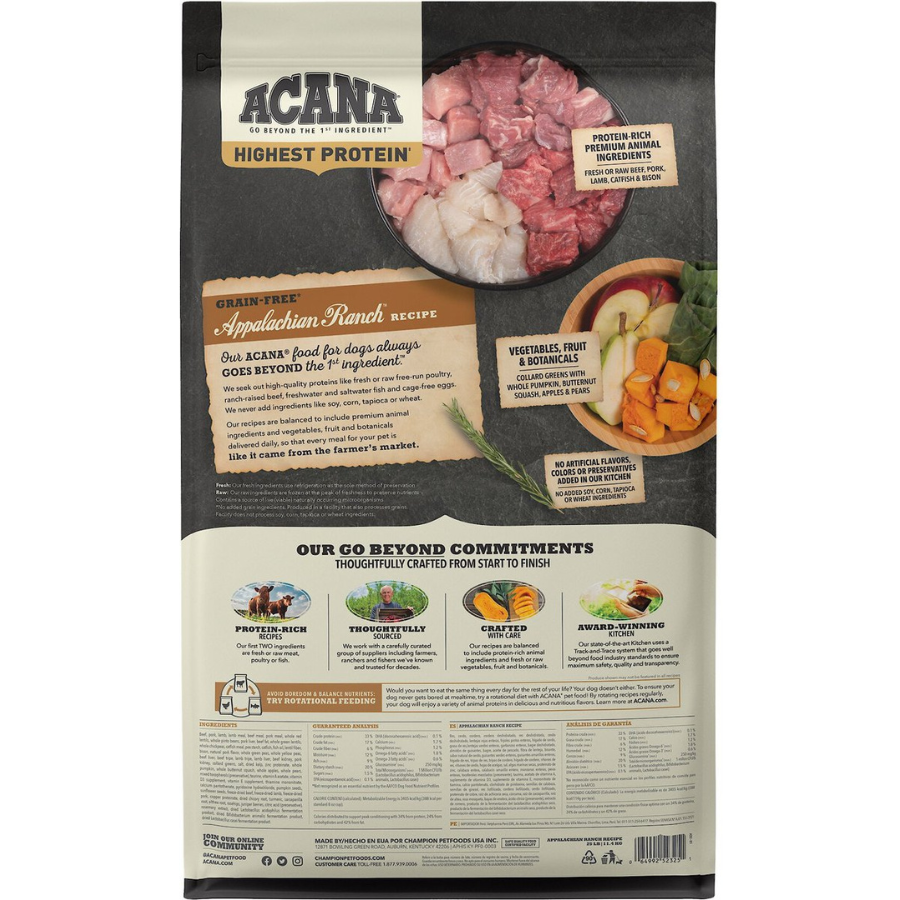 Back of an ACANA Appalachian Ranch Grain-Free dog food bag showing product description, raw meat imagery, vegetables and fruit bowl, brand commitments, ingredient list, guaranteed analysis, and feeding information.