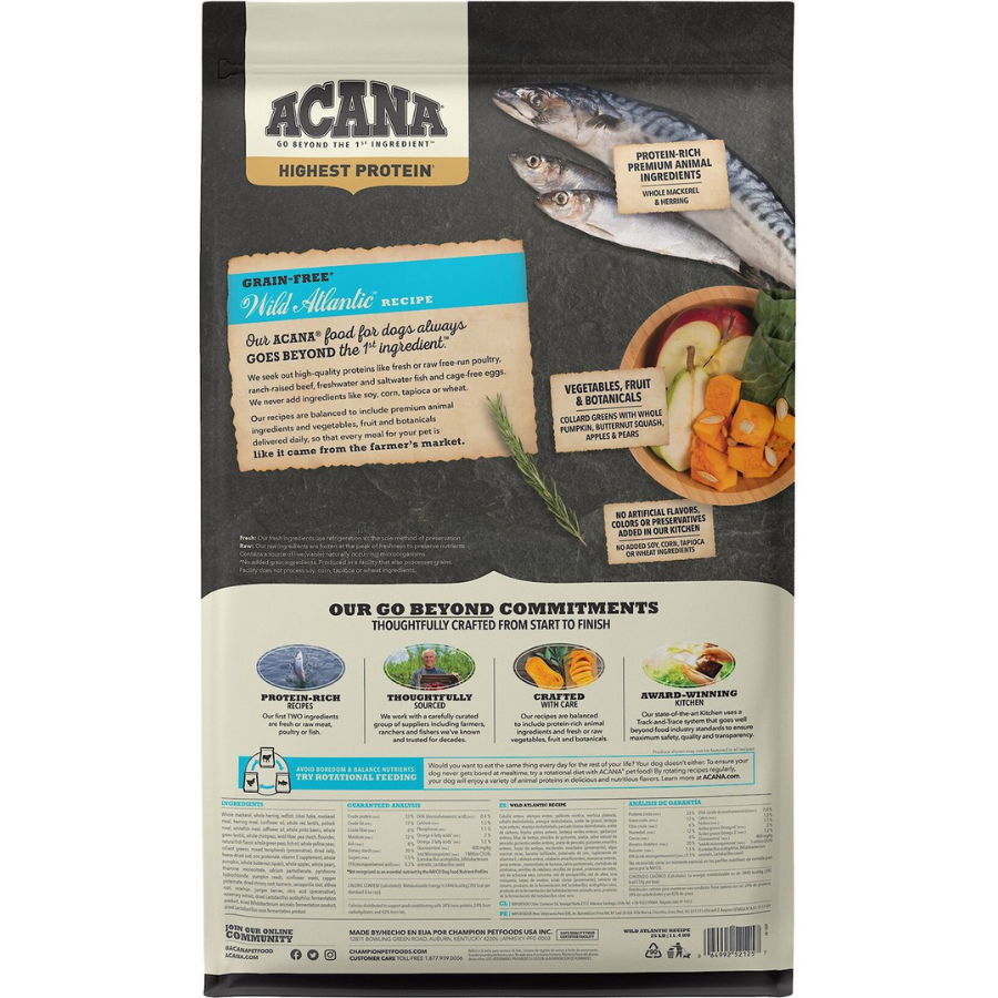 Back of an ACANA Wild Atlantic Grain-Free dog food bag displaying product description, ingredient highlights, raw fish imagery, vegetables and fruit bowl, brand commitments, and detailed nutrition and feeding information at the bottom.