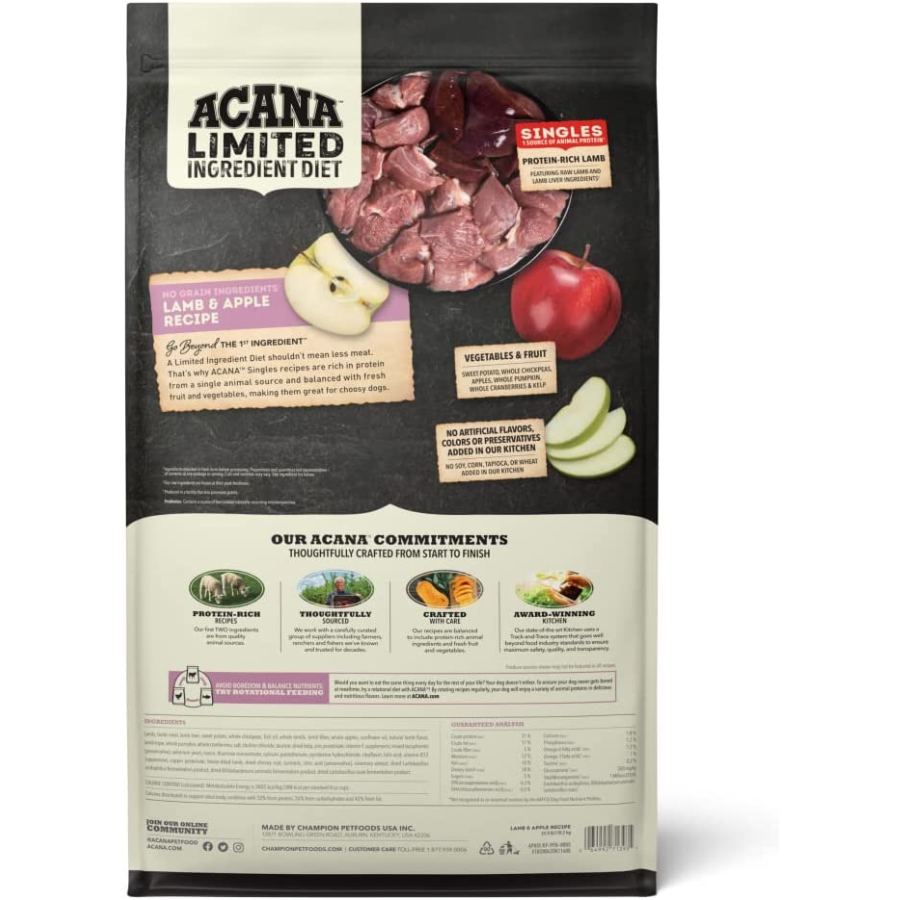 Back of an ACANA Limited Ingredient Diet Lamb & Apple Recipe dog food bag showing ingredient highlights, product description, brand commitments, and nutritional information panels.