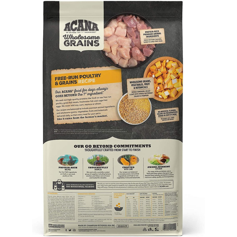 The back of the dog food packaging, displaying the full list of ingredients, a guaranteed nutritional analysis, brand sourcing commitments, and a simplified feeding guide table.
