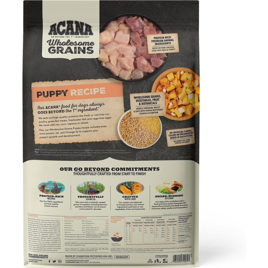 Back of ACANA Wholesome Grains Puppy Recipe dry dog food bag showing ingredient highlights, benefits for growth and development, feeding variety suggestions, brand commitments, guaranteed analysis, and feeding guidelines.