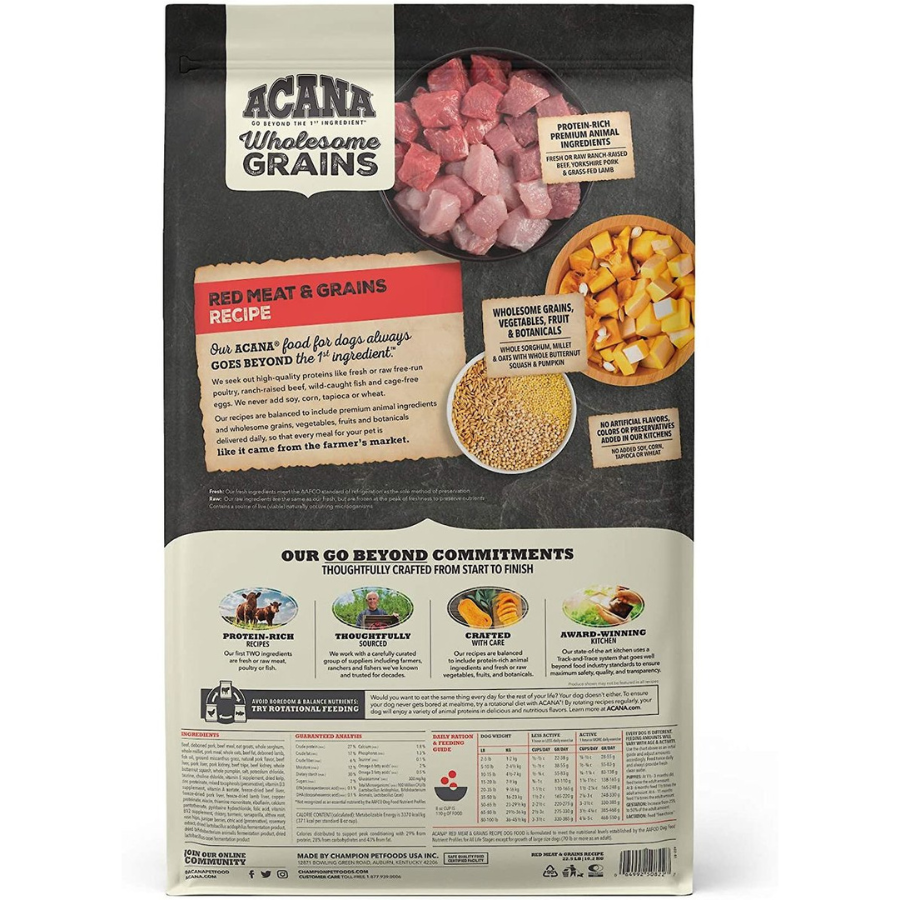 The back of an Acana dog food bag showing the "Red Meat & Grains Recipe." The packaging includes sections on the brand's sourcing commitments, a full list of ingredients, a guaranteed nutritional analysis, and a feeding guide table based on dog weight and activity level.