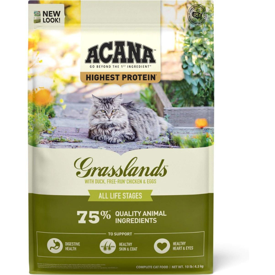 Front of ACANA Grasslands Highest Protein dry cat food bag labeled “All Life Stages,” highlighting 75% quality animal ingredients and benefits for digestion, skin and coat, and heart and eye health.