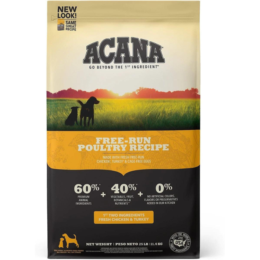 Front of the ACANA Free-Run Poultry Grain-Free dog food bag featuring a sunrise field scene with dog silhouettes, product name “Free-Run Poultry Recipe,” and text stating 60% animal ingredients, 40% vegetables, fruit, and botanicals, and 0% artificial flavors, colors, or preservatives.