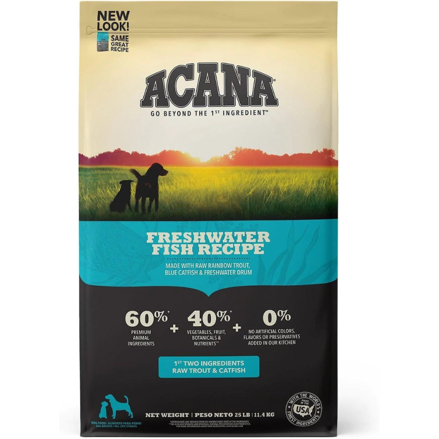 Front of ACANA Freshwater Fish Recipe dog food bag featuring a sunset field illustration, product name “Freshwater Fish Recipe,” and callouts stating 60% premium animal ingredients, 40% vegetables and botanicals, and 0% artificial colors, flavors, or preservatives.