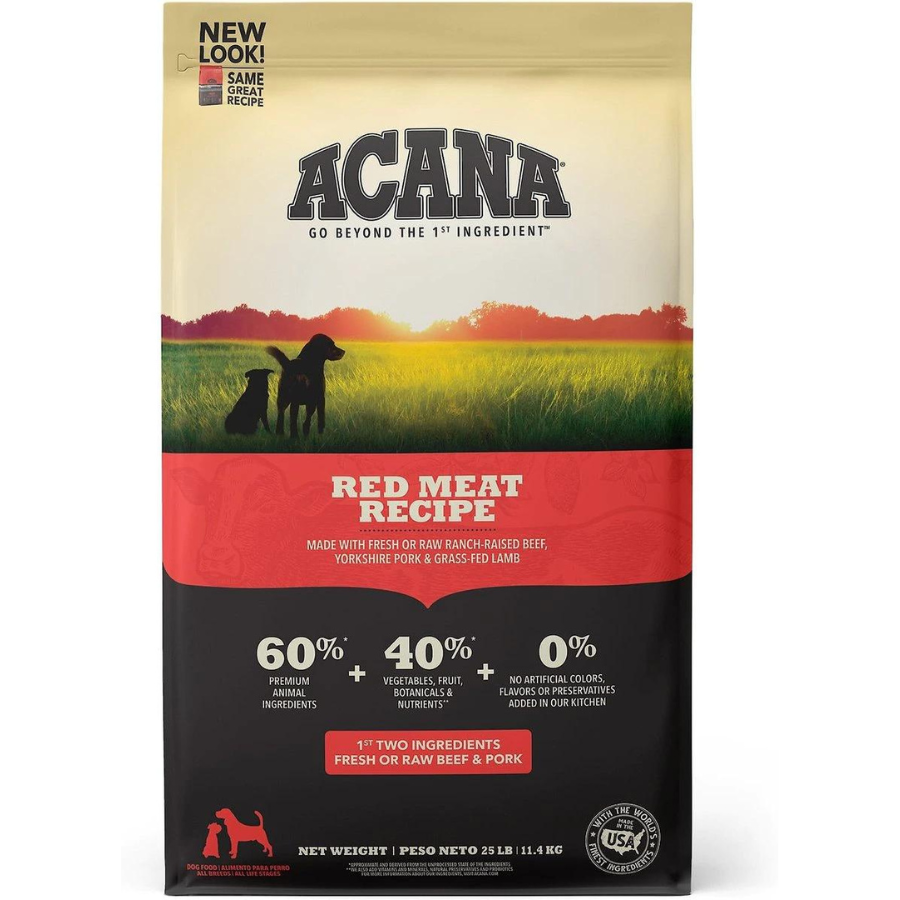 Front of ACANA Red Meat Recipe dog food bag featuring a sunset field illustration, “Red Meat Recipe” label, and callouts stating 60% premium animal ingredients, 40% vegetables and botanicals, and 0% artificial additives.