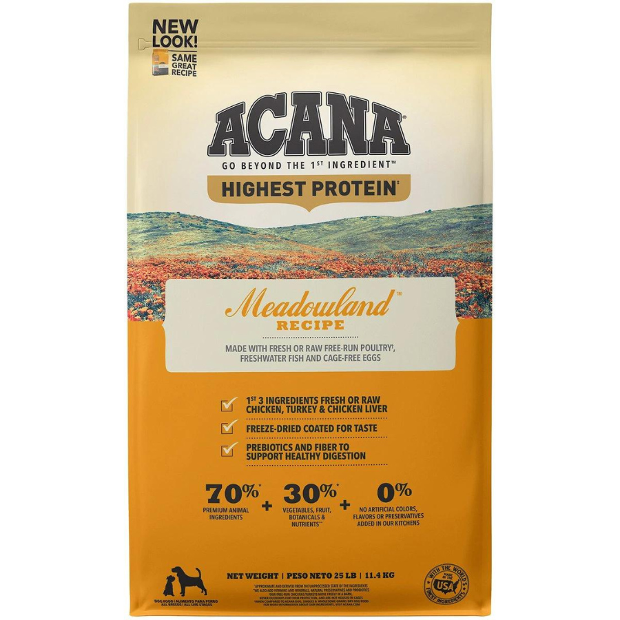 Front of ACANA Highest Protein Meadowland Recipe dog food bag featuring a meadow landscape, product name “Meadowland Recipe,” and callouts stating 70% premium animal ingredients, 30% vegetables and botanicals, and 0% artificial colors, flavors, or preservatives.