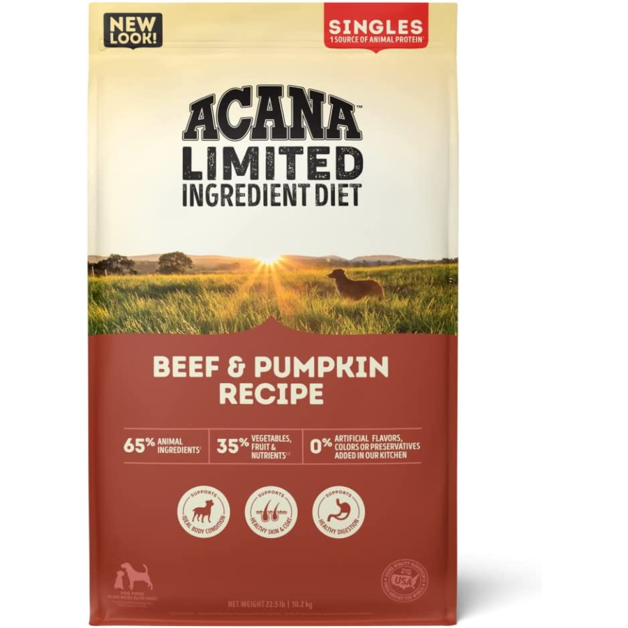 Front of the ACANA Limited Ingredient Diet Beef & Pumpkin dog food bag showing a dog in a grassy field at sunset, the product name “Beef & Pumpkin Recipe,” percentages of ingredients, and icons highlighting body condition, skin and coat health, and digestion support.