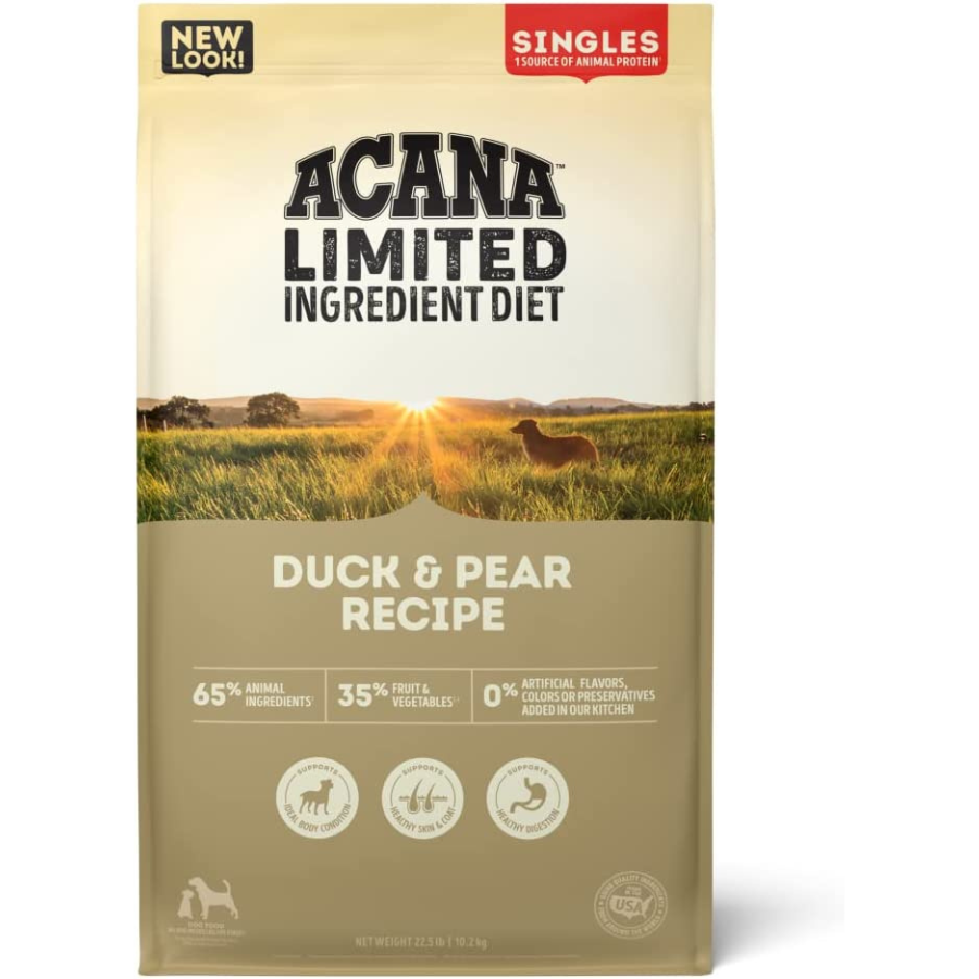 Front view of the ACANA Limited Ingredient Diet Duck & Pear Recipe dog food bag featuring a field landscape, a dog silhouette, and text stating 65% animal ingredients, 35% fruits and vegetables, and 0% artificial flavors, colors, or preservatives.