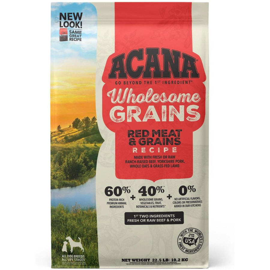 The front of the Acana Wholesome Grains "Red Meat & Grains Recipe" bag. It highlights that the recipe contains 60% premium animal ingredients and 40% grains, vegetables, and botanicals, with the first two ingredients being fresh or raw beef and pork.
