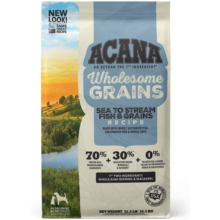 Front of the ACANA Wholesome Grains Sea to Stream Fish and Grains dry dog food bag showing a scenic outdoor landscape, product name, “70% protein-rich animal ingredients,” “30% wholesome grains and botanicals,” and text stating no artificial flavors, colors, or preservatives.