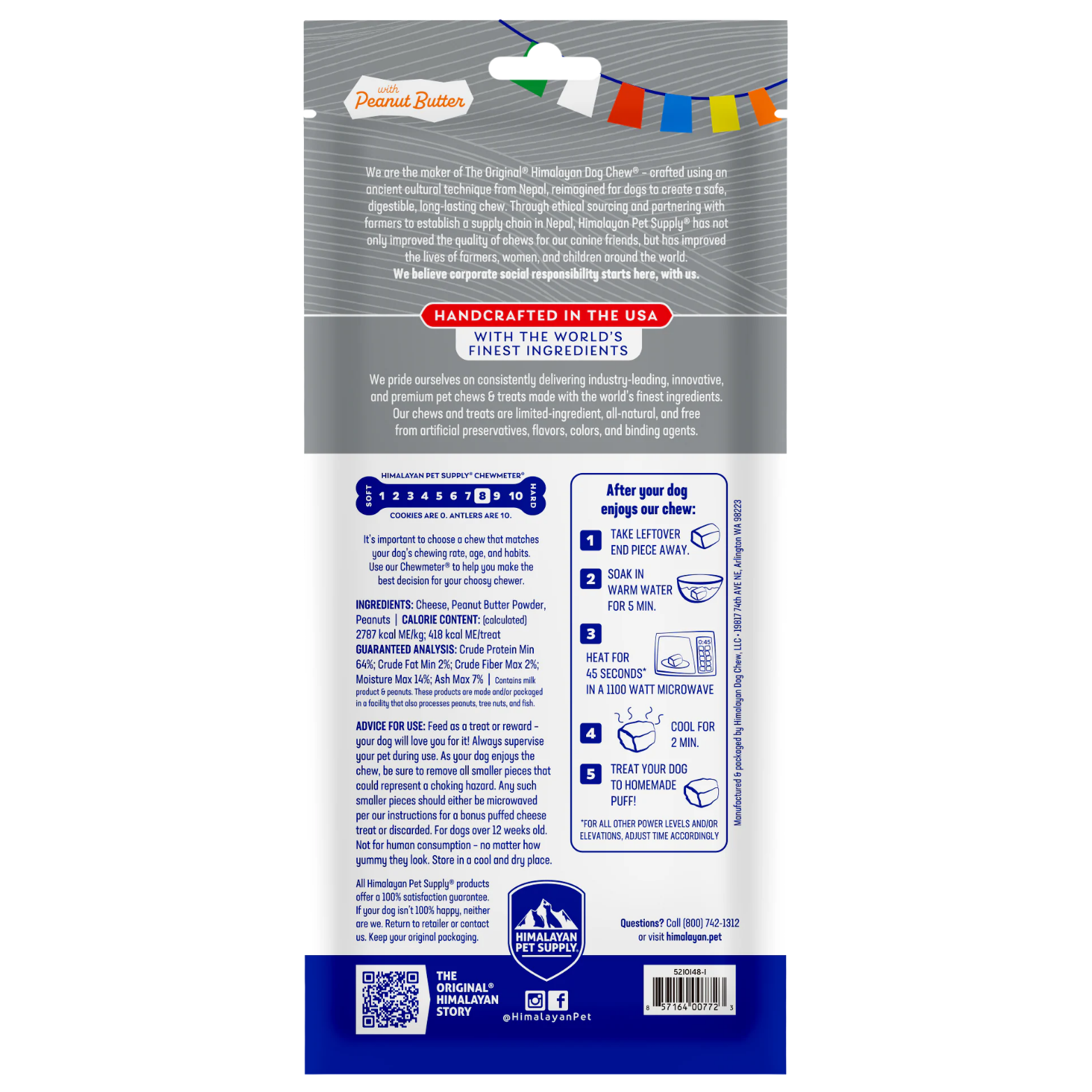 Back of the X-Large Himalayan Dog Chew with peanut butter package. Displays product story, handcrafted in the USA message, ingredient list, guaranteed analysis, chew density scale, feeding and safety instructions, and steps for making a puffed cheese treat.