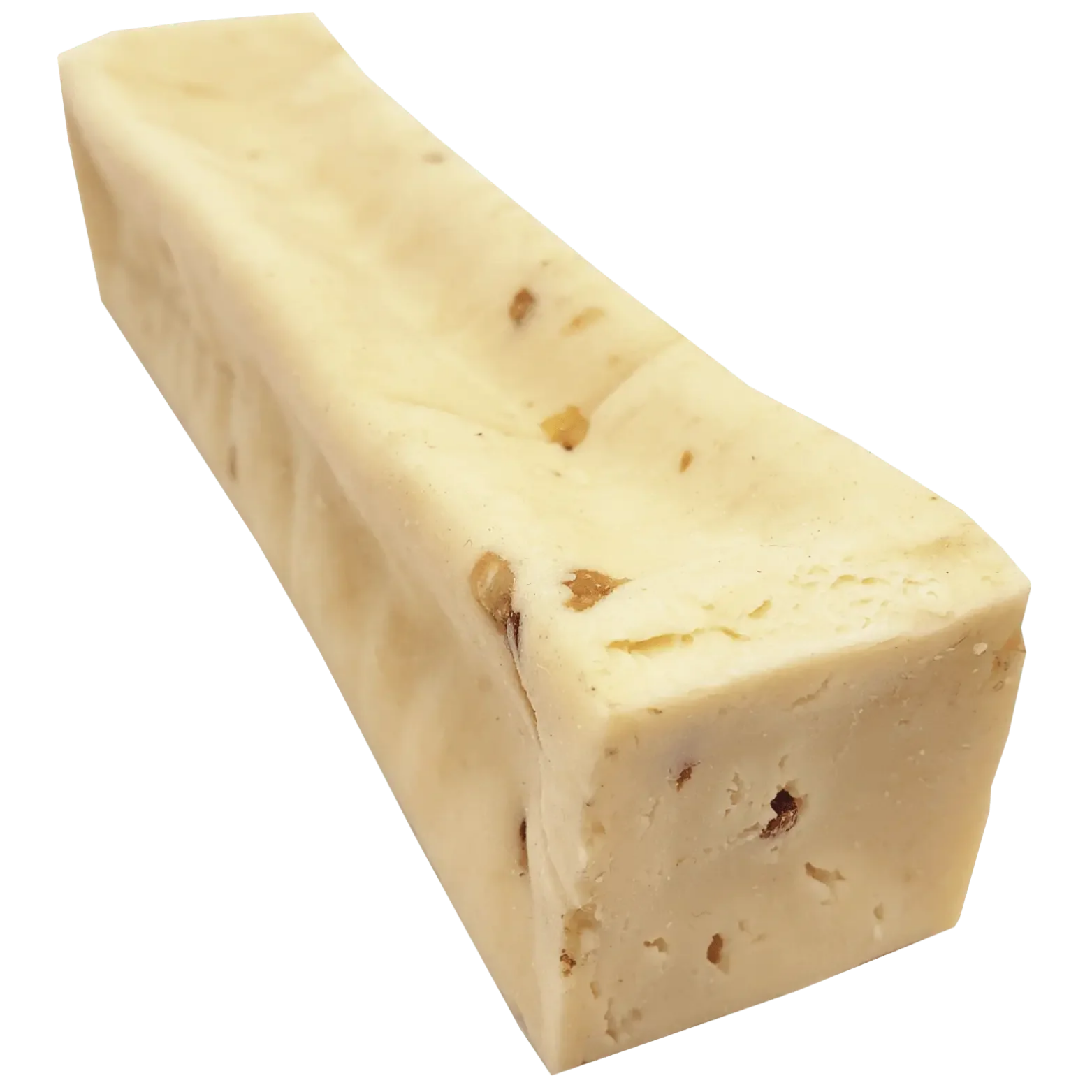 Single Himalayan bacon-flavored cheese dog chew displayed at an angle on a black background. The rectangular chew is light beige with visible bacon inclusions and a dense, smooth texture.
